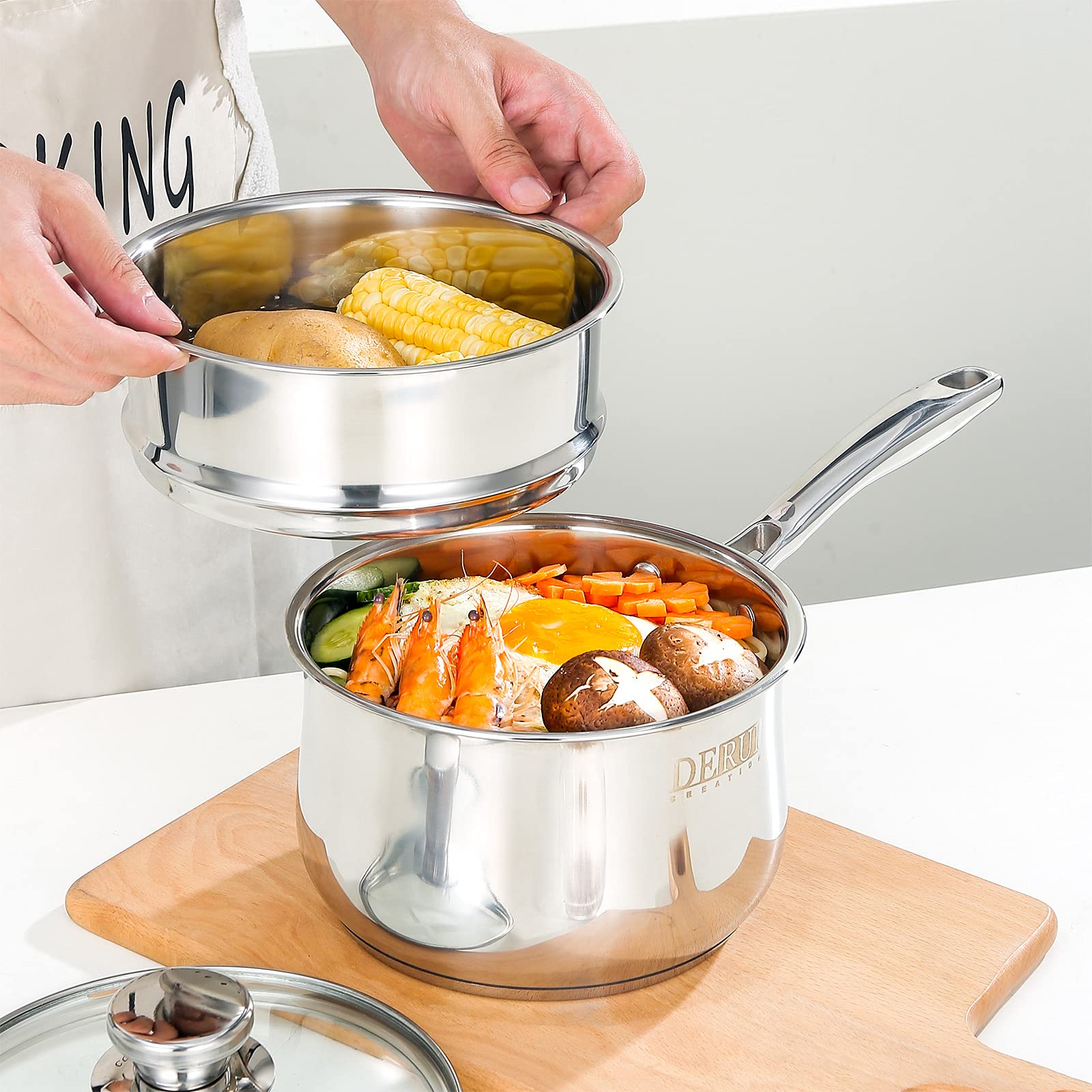 Stainless Steel Saucepan,DERUI CREATION 1.5 QT Food Grade 304 Stainless Steel Soup Pot and Steamer Basket,Cooking Pot with Lid (16cm(1.5QT), Silver)