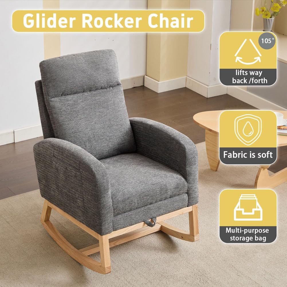 Nursery Rocking Chair with Extra Stable Wooden Base, High Backrest Glider Rocker with Side Pocket & Floor-Protecting Pads, Comfy Teddy Upholstered Armchair for Nursing, Reading, Bedroom