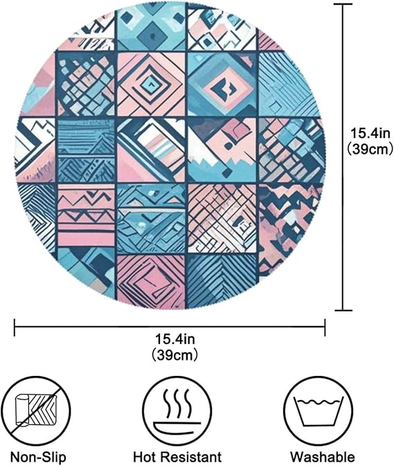 Boho Blue Pink Regular Texture round outdoor placemats plate waterproof plate mate 6 15.4x15.4in