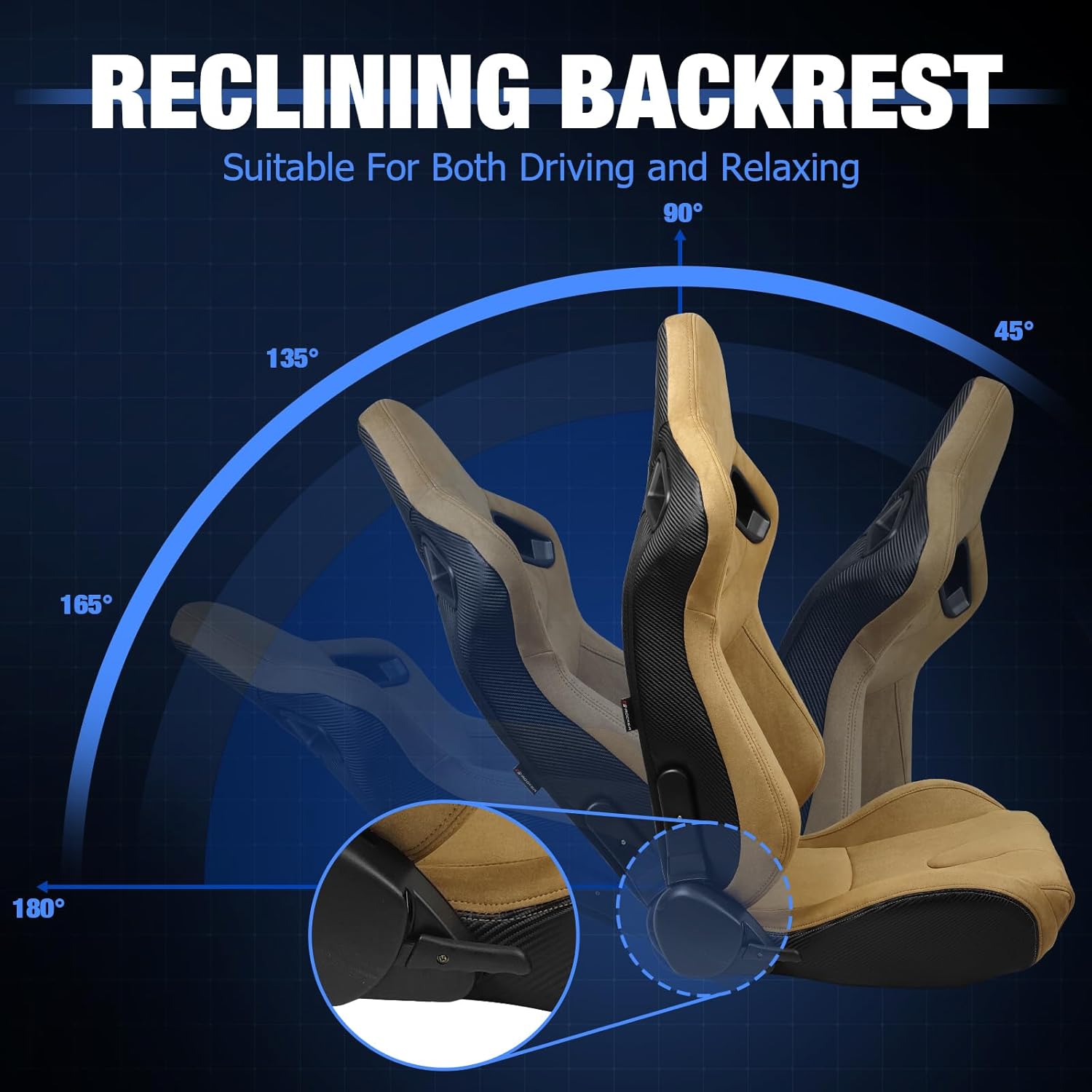FREEMOTOR802 Racing Seats with Dual Lock Sliders, Universal For Most Cars Vehicles First Row, 1 Pair Reclinable Sport Bucket Seats, Suede Carbon Fiber Look Leatherette, Brown