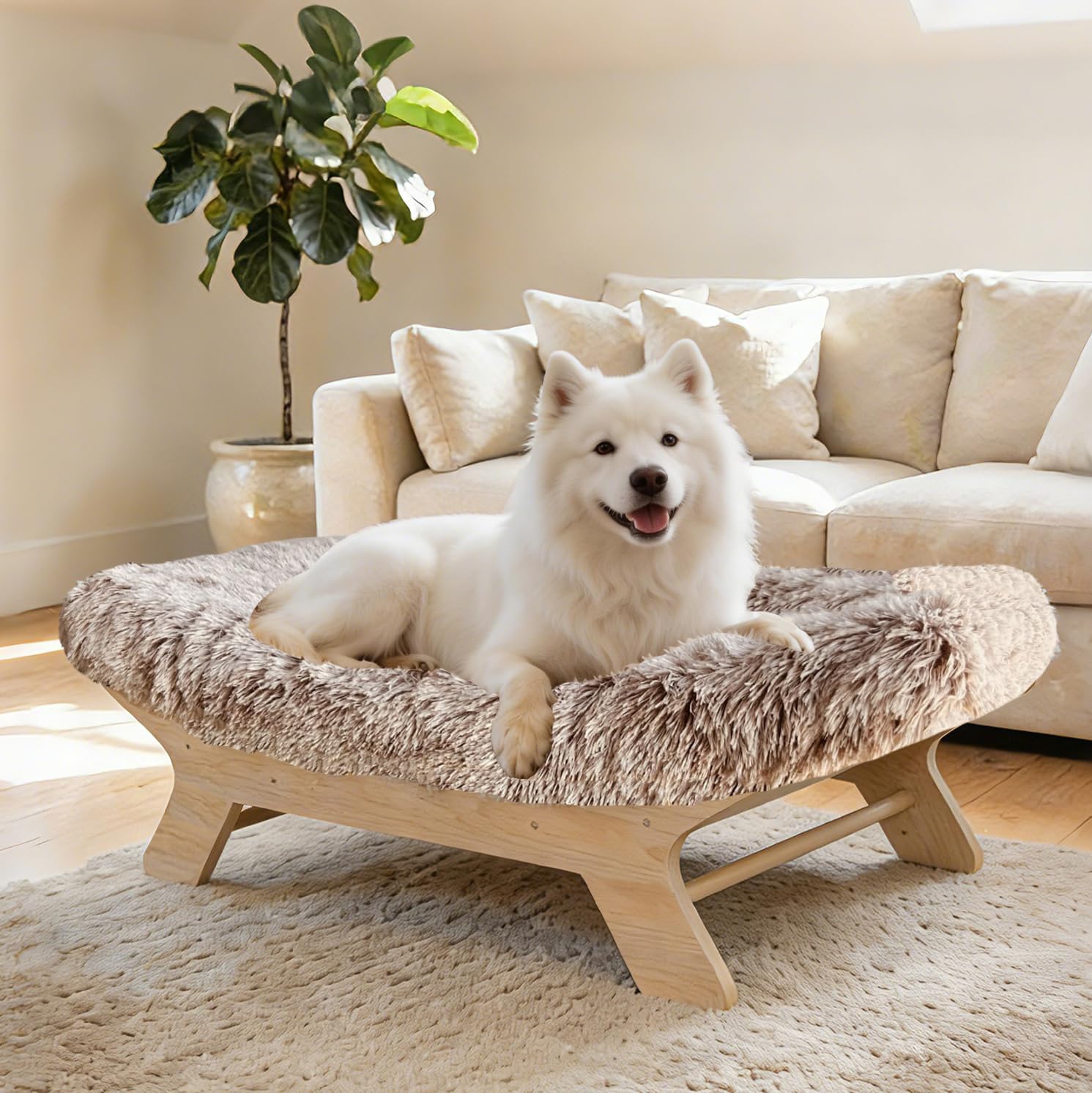 Elevated Dog Bed 37.4" x 28.5"x9.8”,Mid-Century Modern Raised Wooden Dog Bed Frame and Mattress for Large Pets up to 80lbs