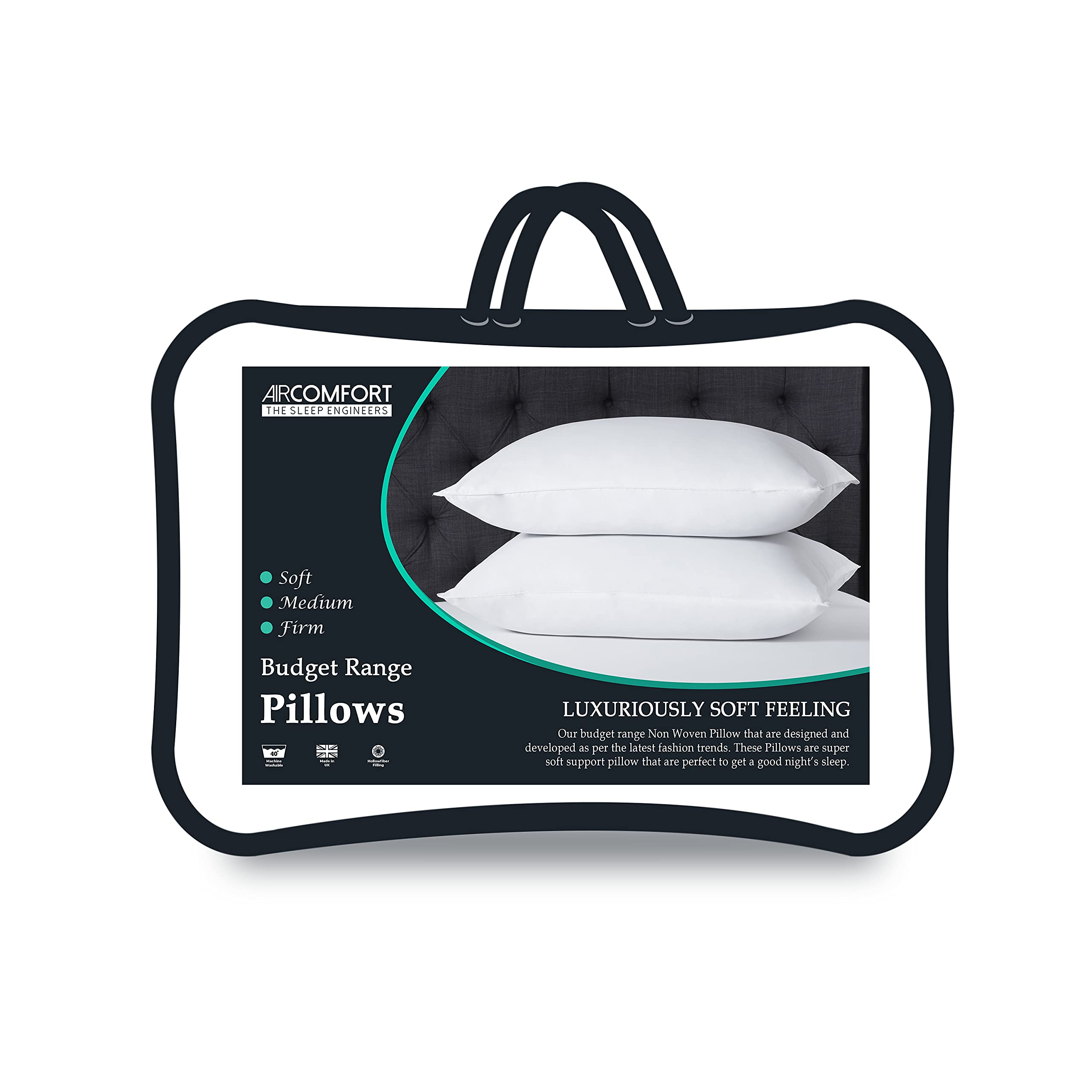 Air Comfort Budget Range Soft Support Pillows - Non Woven Cover Hollowfiber Filled Down Alternative Bounce Back Stomach Support White Bed Pillow, Pack of 2