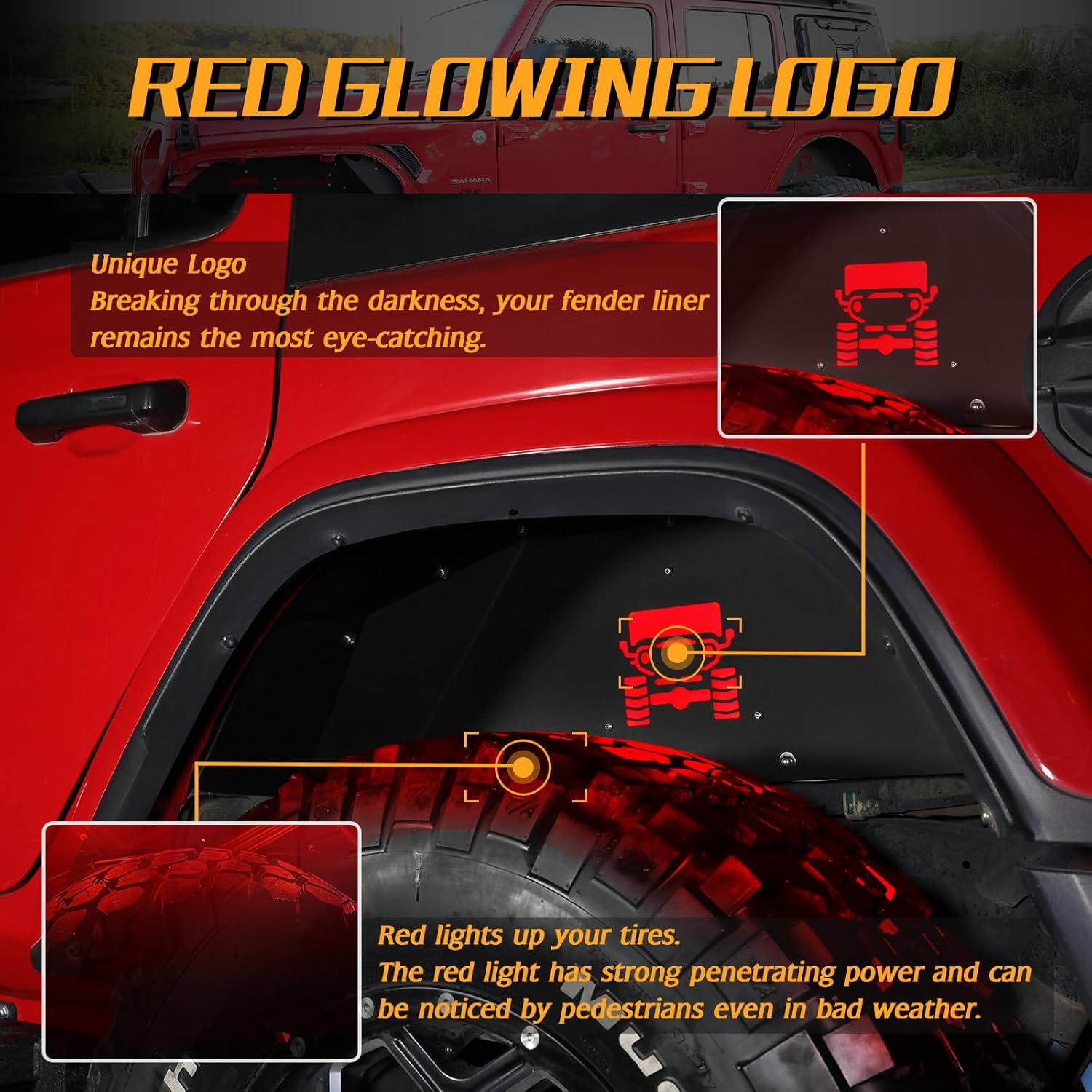 JROAD Inner Fender Rear Fender Liners Compatible with Jeep Wrangler JL Aluminum,with 4 LED Lights for 2018-2022 Jeep Wrangler JL(No fit 2020-2022 Gladiator JT)