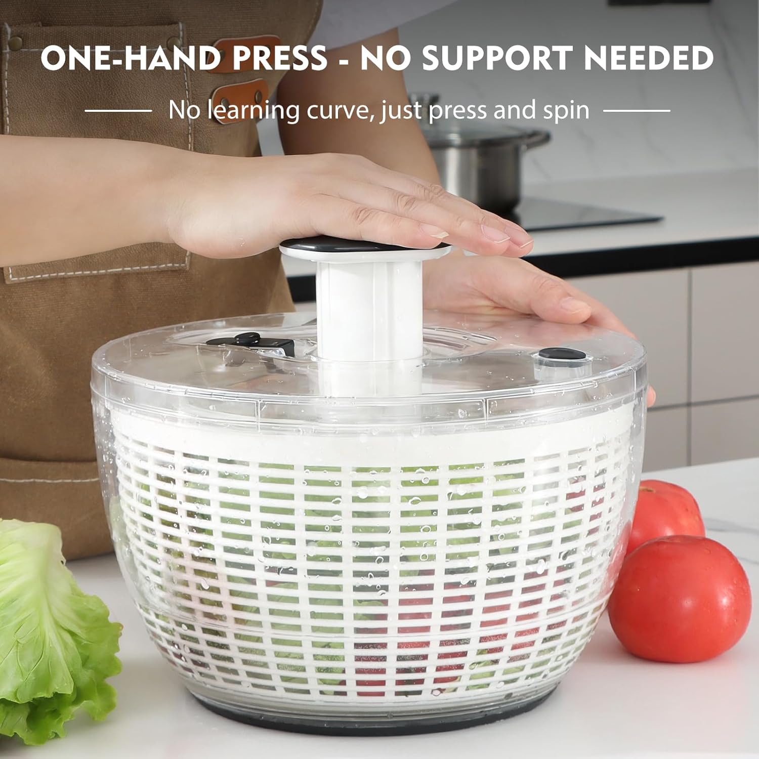 Ourokhome Salad Spinner Lettuce Dryer, One-handed Easy Press Large Vegetable Dryer Salad Mixer with Comfortable and Retractable Pusher and Brake Button for Greens, Herb, Berry, Fruits, 6.3 QT, Black 6.3 QT Black