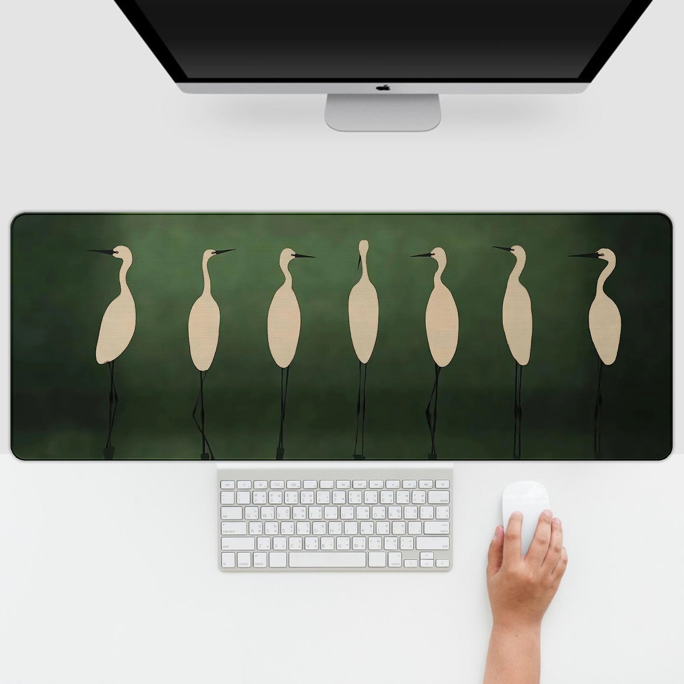 White Birds Mouse Pad, Deep Green Heron Large Gaming Mousepad Aesthetic, Green White Desk Accessorie for Desktop Decoration, Gifts for Bird Lover Birds Office Supplies for Women 31.5x11.8 in