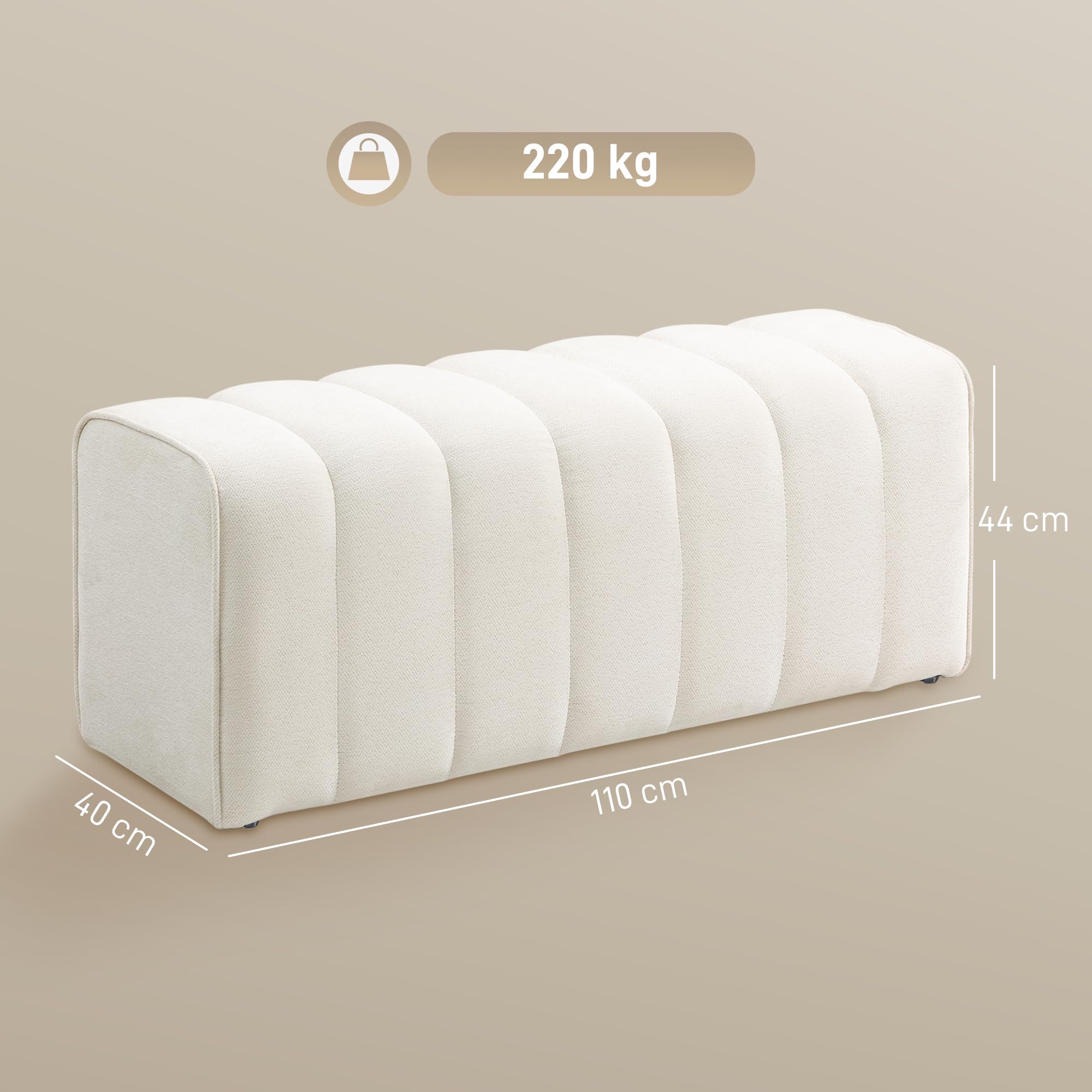 HOMCOM Banc Bout de lit, Banquette rembourrée, Style Moderne, 110 x 40 x 44 cm, Ottoman en Tissu Aspect Lin, Charge jusqu'à 220 kg, Repose-Pieds pour Chambre, Couloir, Salon, crème