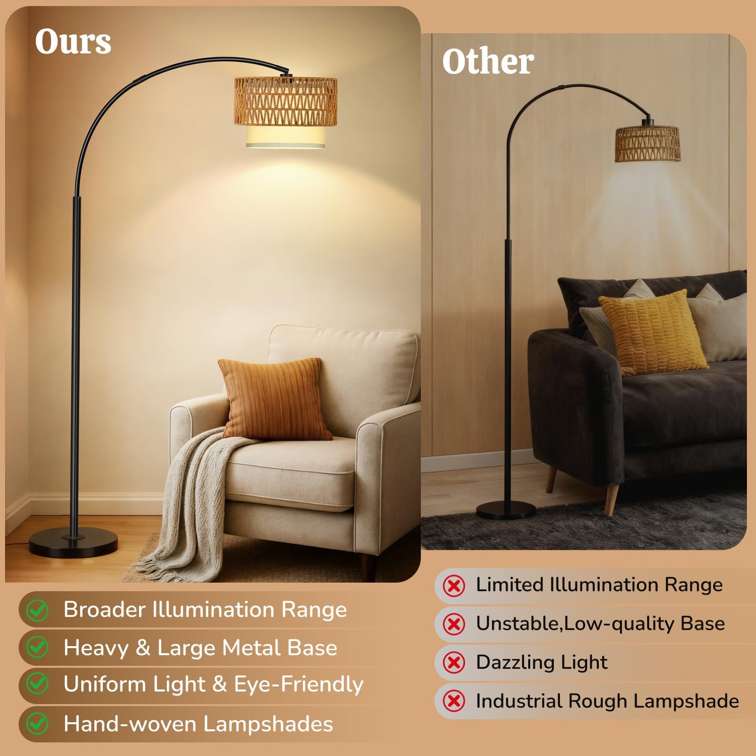Arc Floor Lamp for Living Room, Rattan Boho Floor Lamp with Remote Control, Black Standing Lamp with 3 Color Temperatures & Dimmable LED Bulb, Tall Lamp for Bedroom, Over Couch Arched Reading Light