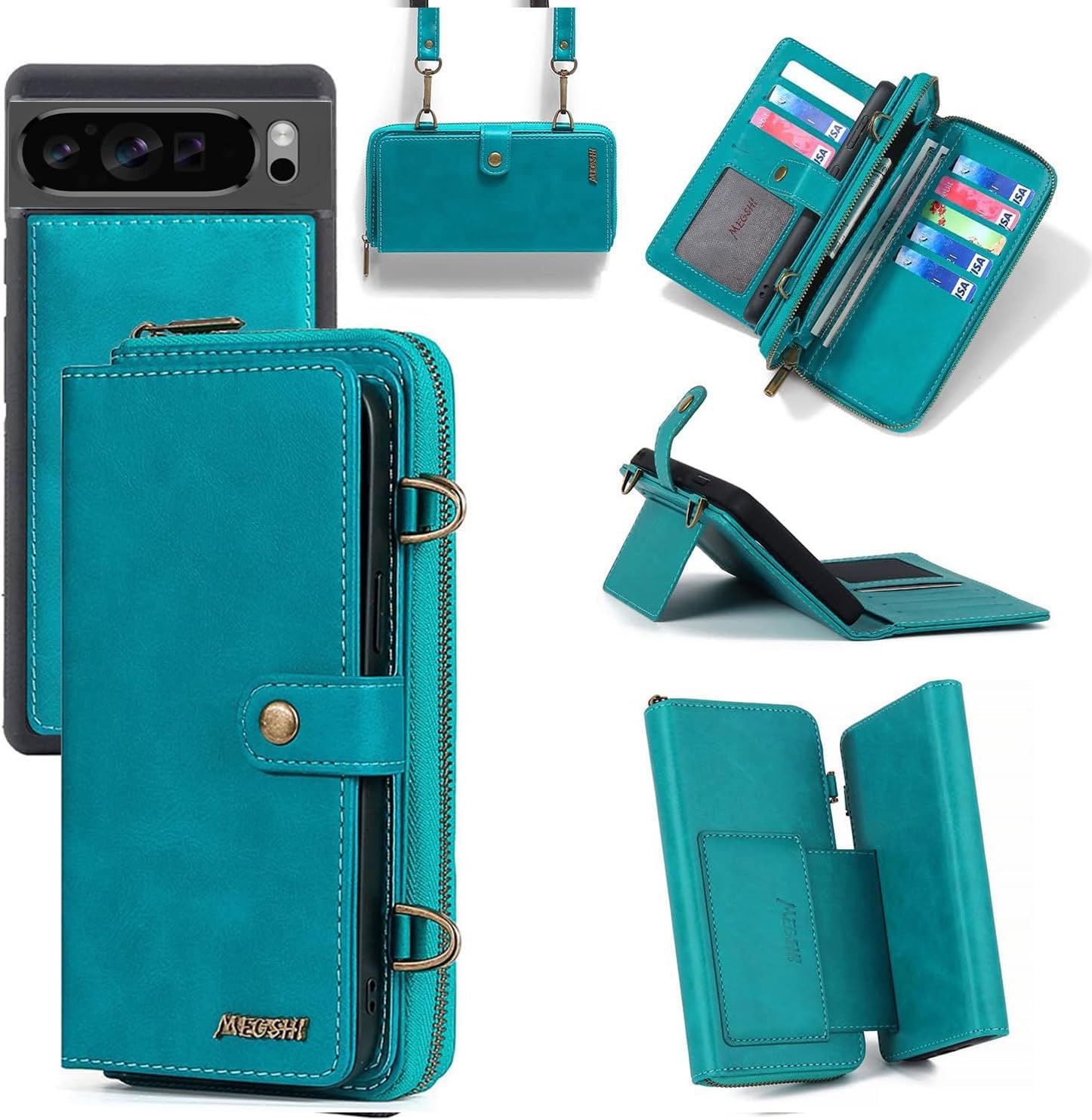 Dibosom Detachable 2 in 1 Wallet Case for Google Pixel 9 Pro XL with Detachable Wrist Strap,Crossbody Shoulder Strap,9+ Card Slots Zipper Purse,Stand