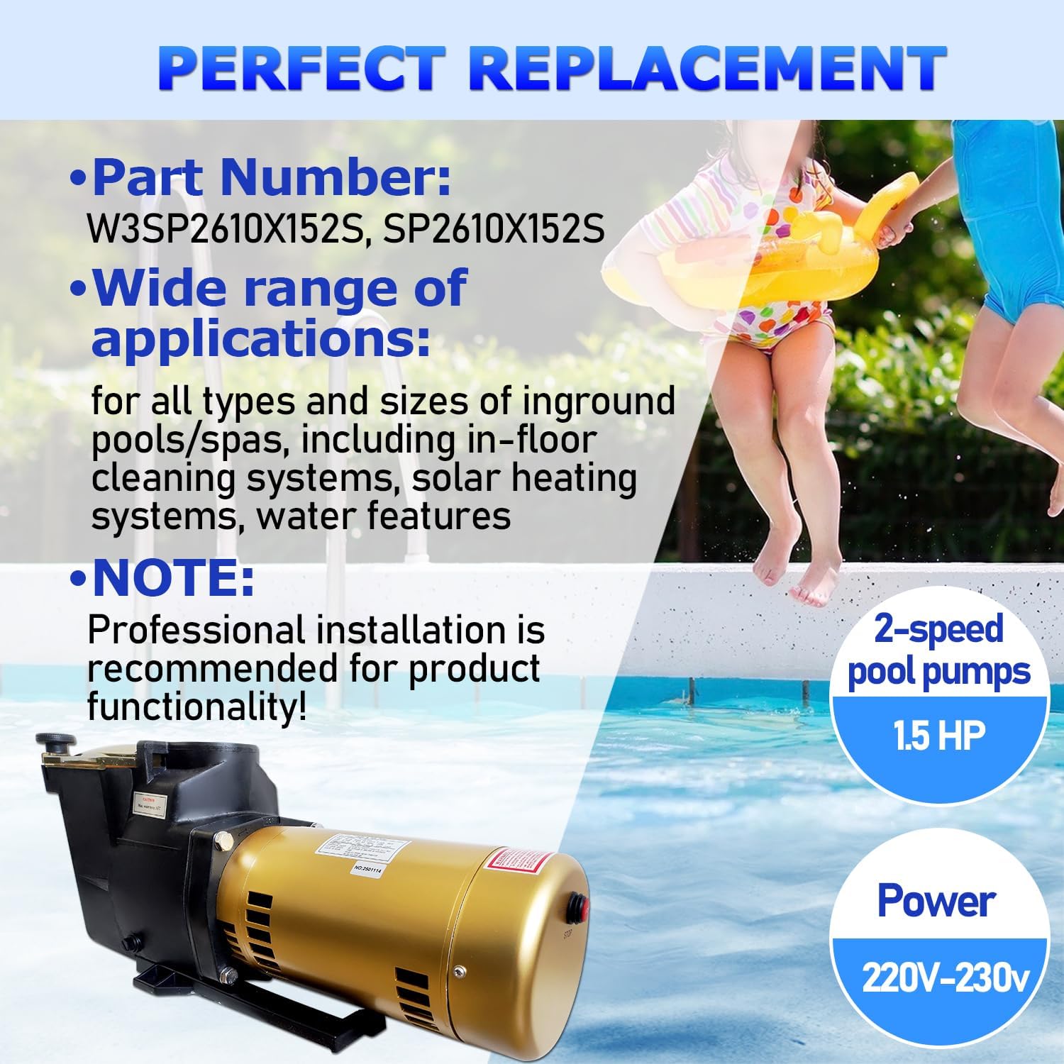 W3SP2610X152S 1.5 HP Dual-Speed Pool Pump 220V-230V Super Pump Compatible With Hayward In-Ground Swimming Pools and Spas SP2610X152S