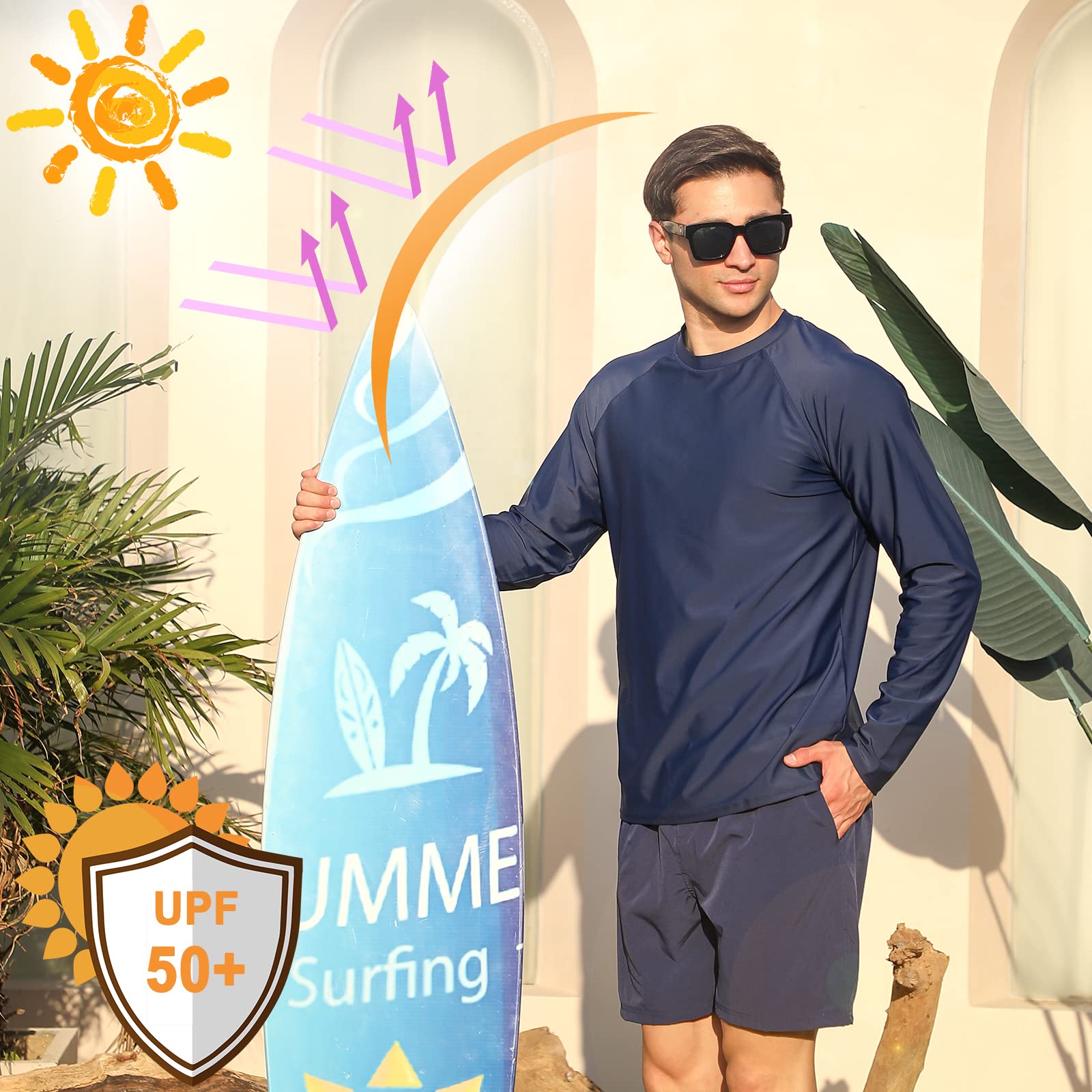 MASOCIO T-Shirt Anti UV à Manche Longue Rash Guard Homme UPF 50+ Maillot de Bain Hauts Séchage Rapide