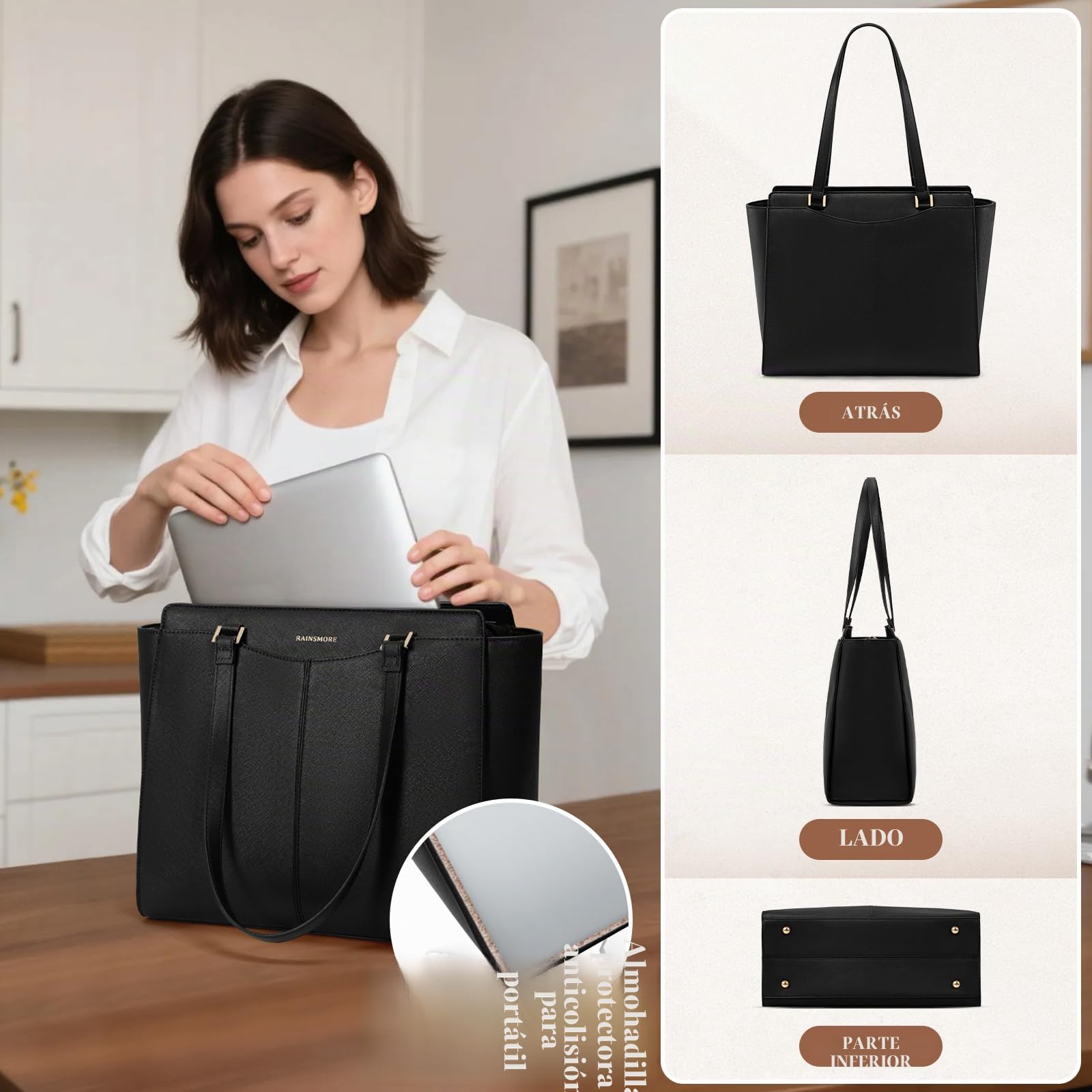 RAINSMORE Bolso Mujer Grande Bolso Universidad Impermeable para Portátil 14 Pulgadas Bolsos Tote Cuero PU con Cremallera Bolsillo Interior para Compras Viajes Colegio Oficina