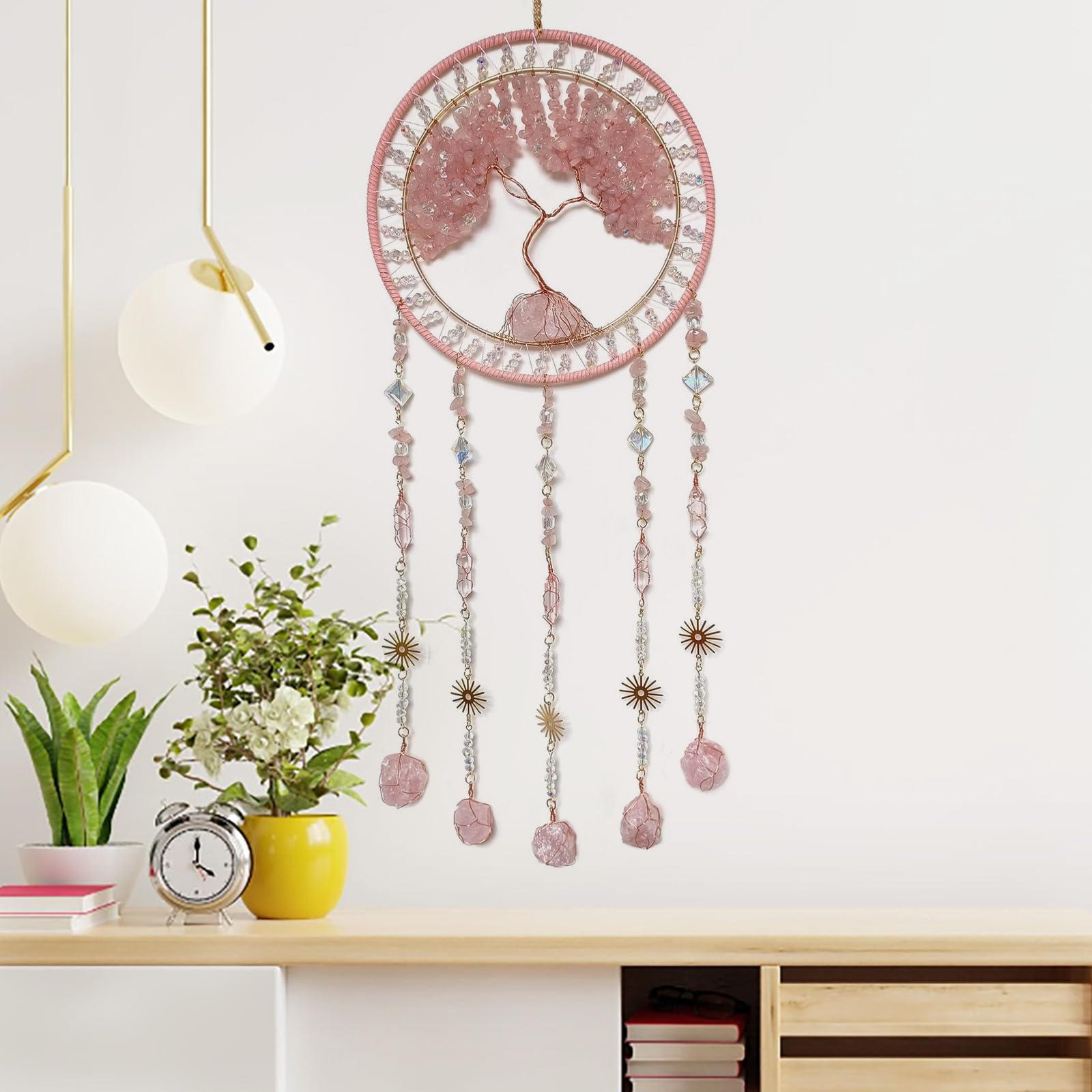 Kristall Baum des Lebens Traumfänger mit Stein Anhänger Rosa Traumfänger Wanddekoration Handgemachte Traumfänger Wandbehang Ornament für Schlafzimmer Wohnzimmer Wohnkultur