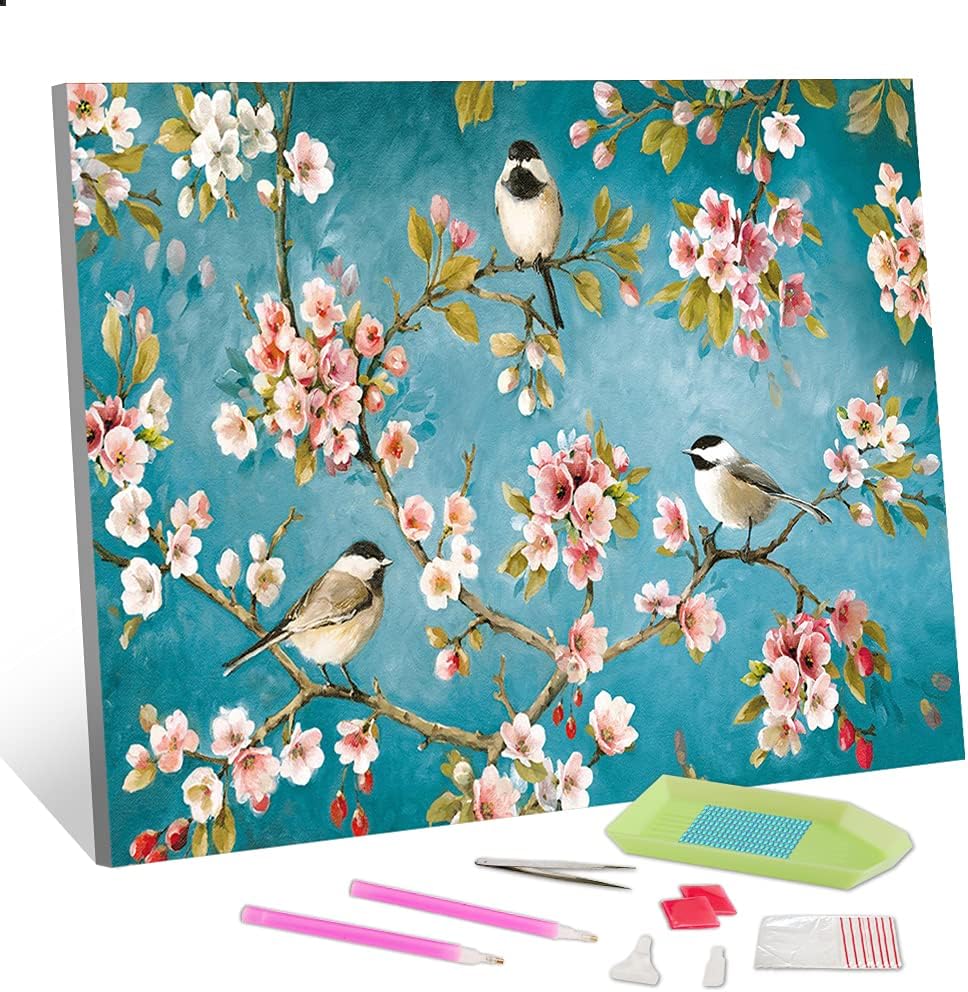 TISHIRON 5D Diamond Painting Kits for Adults Beginner Flower, Birds in The Branches Full Drill Round Crystal Rhinestone Diamond Painting Art for Home Wall Decor Unique Gift (12 x 16 inch)