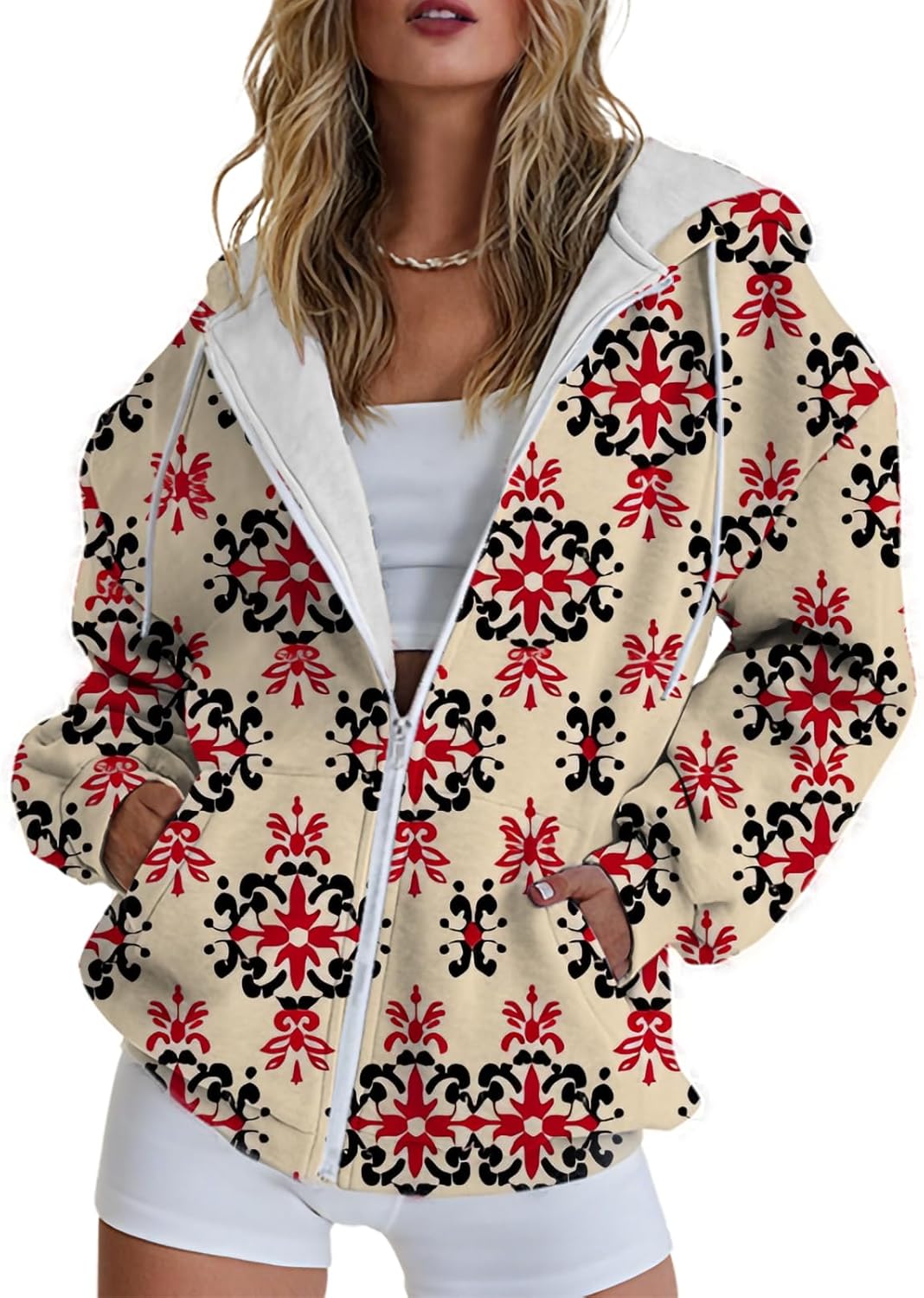 Hoodies for Women Print Oversized Full Zip Hoodie with Pockets Retro Graphic Women's Sweatshirt Long Sleeve Trendy