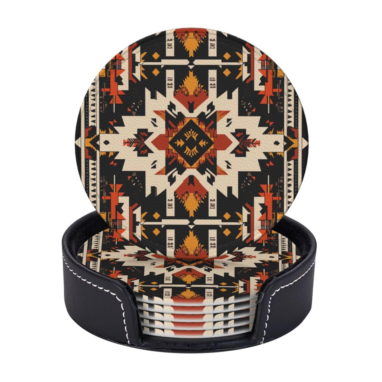 6 Pack Southwest Tribal Leather Coasters for Drinks with Holder Vintage Ethnic Floral Aztec Navajo Coasters Drink Table Cup Mat for Kitchen Dining Cafe Decor Round