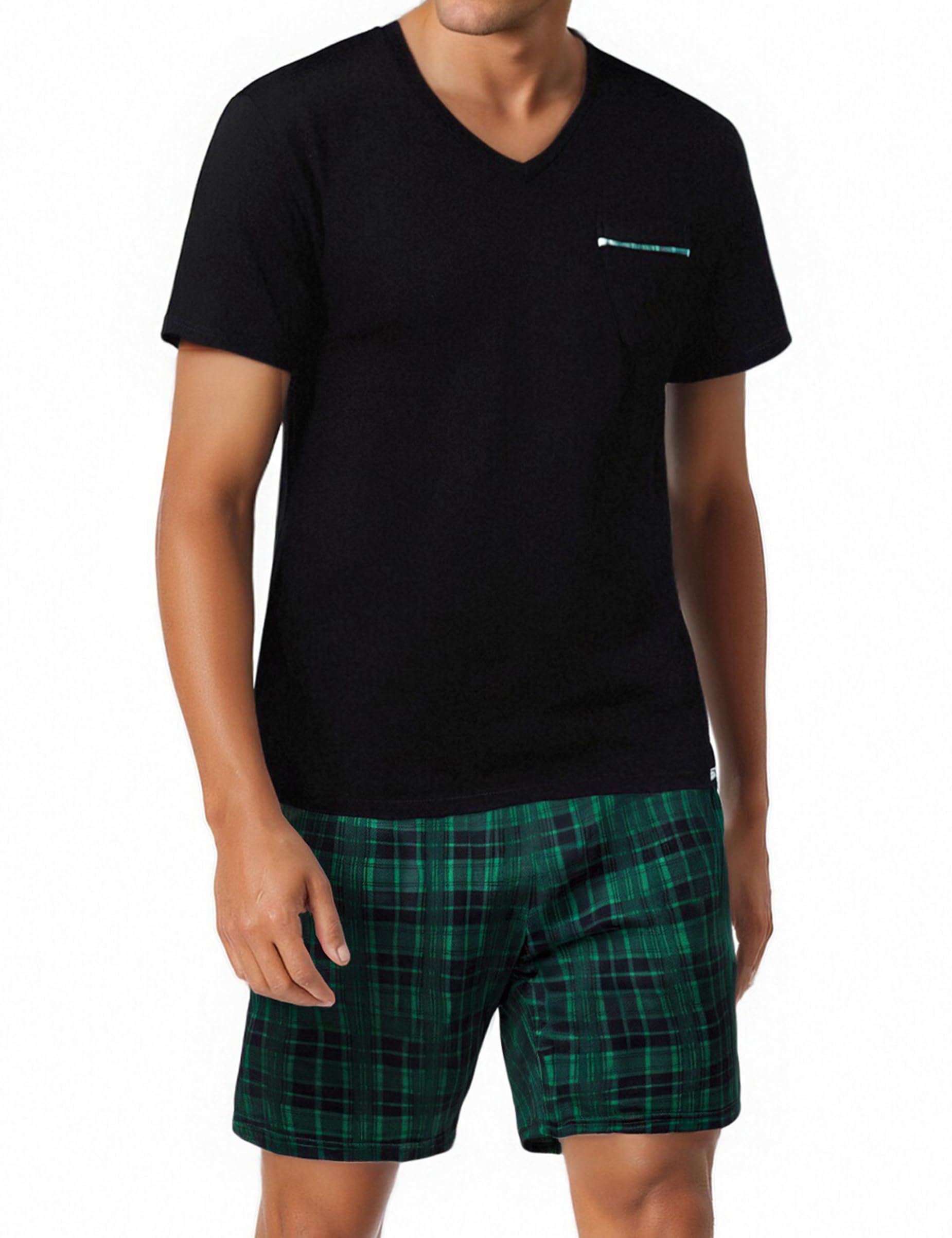Bresdk Pyjama Herren Schlafanzug Kurz Baumwolle Sommer Set für Männer Nachtwäsche Kariert Schwarz M216 XXL