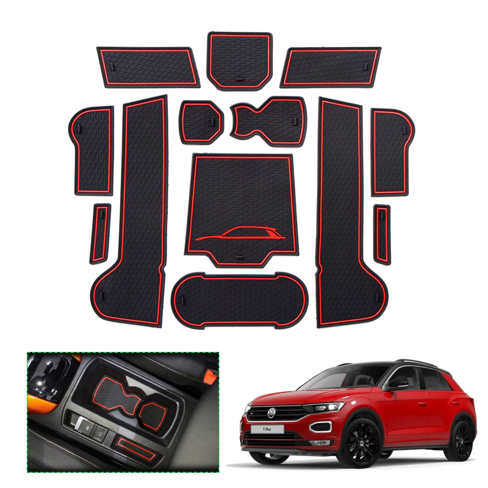 Tapis Antidérapants Caoutchouc Blanc Pour VW T-Roc 2017-2025 – Console, Portes, Boîte à Gants