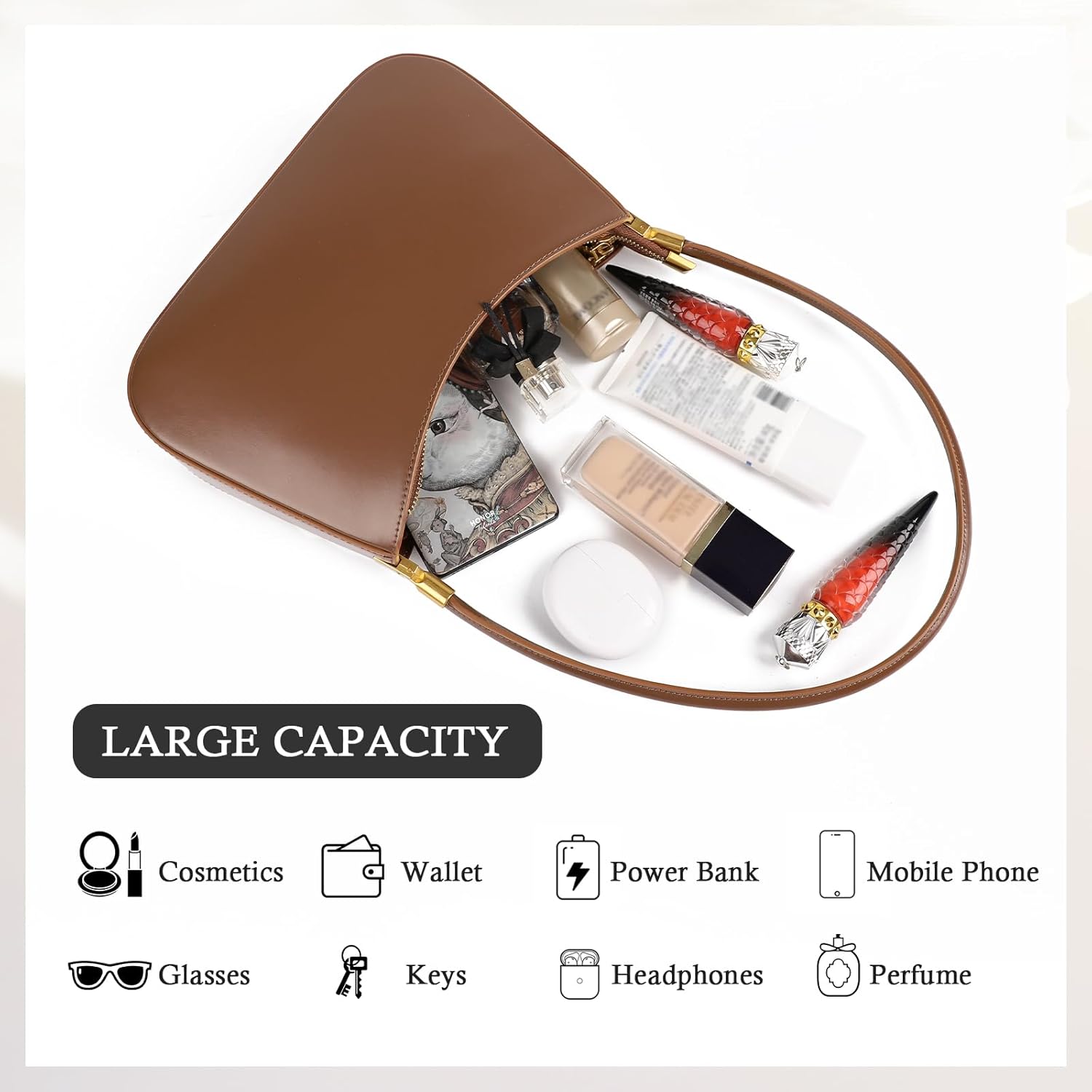 Genuine Leather Shoulder Bag, Hobo Purses for Women, Crescent Bag, Small Clutch Handbag, Cute Tote Bag with Zipper - Image 5