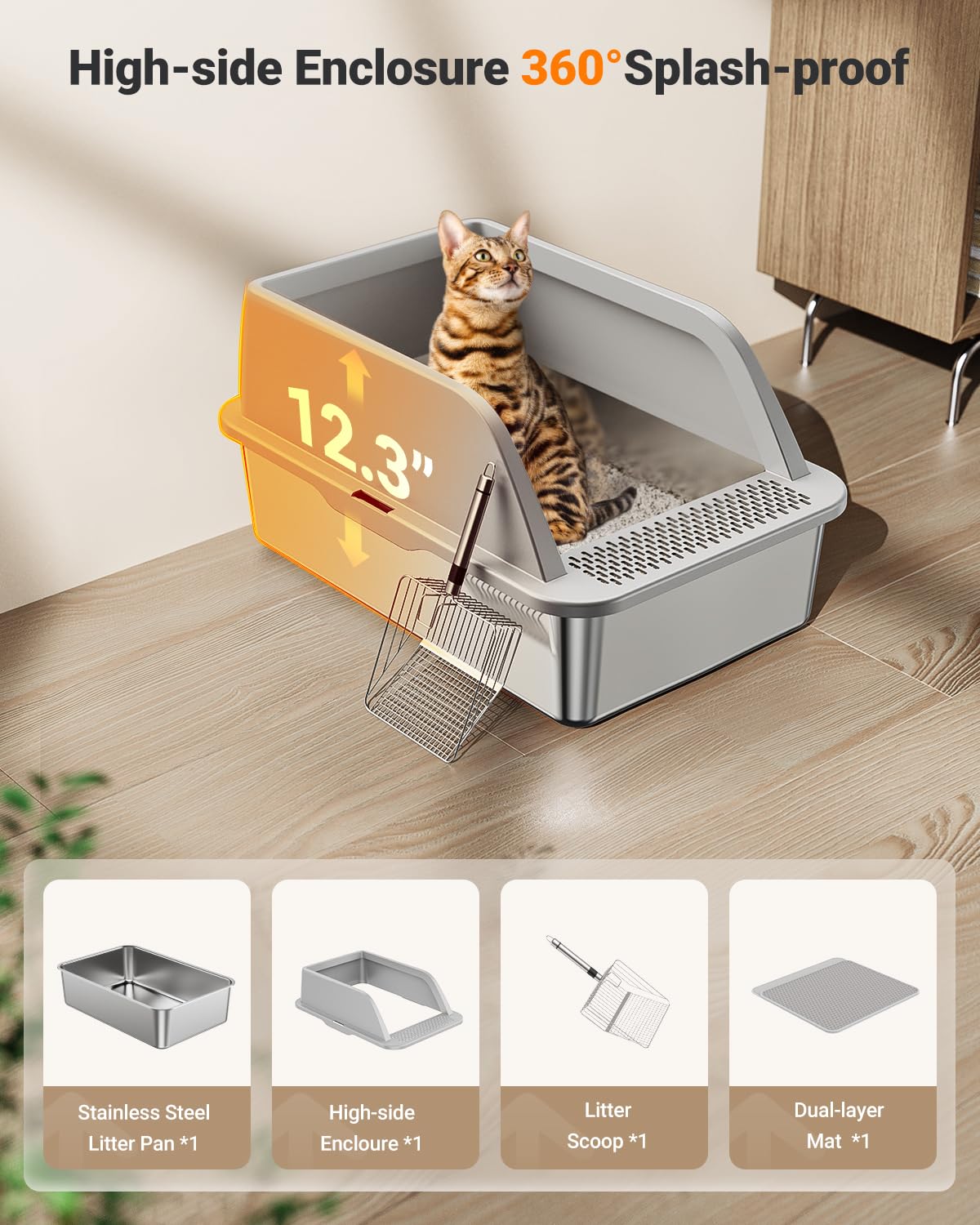PEDIBAT XL Stainless Steel Litter Box, Extra Large Metal Cat Litter Box with High Sided for Big Cats, Enclosed Litter Boxed with Lid, Easy-Clean Cat Litter Mat & Scoop Kit, Anti-Urine Leakage (Grey) - image 4