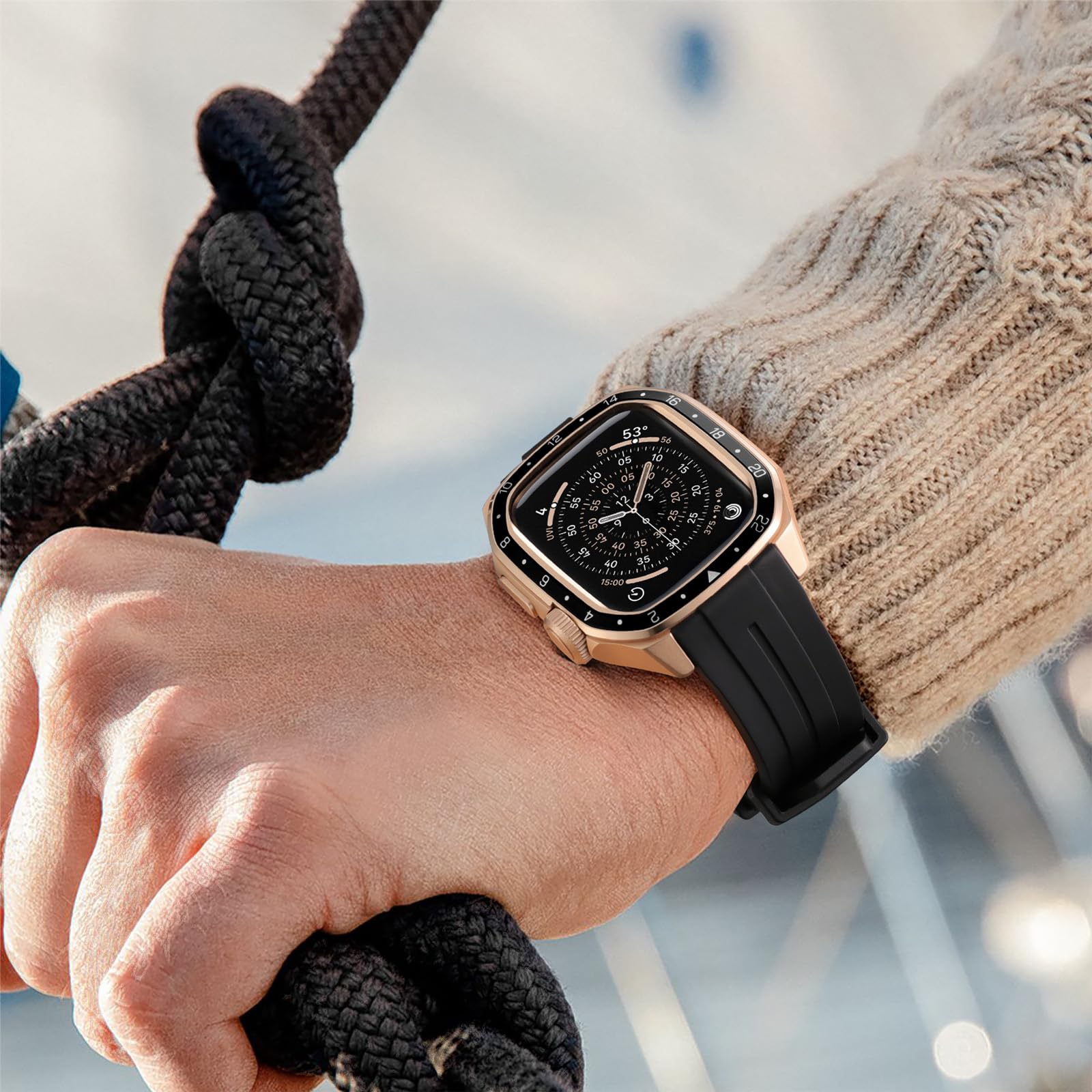 Bandletic Metallgehäuse Hülle mit Armband kompatibel mit Apple Watch 44mm SE3 SE2 SE 6 5 4, Robuste Sport Schutzhülle für iWatch Series 44mm, Silikon Ersatzarmbänder mit Metallgehäuse für Herren