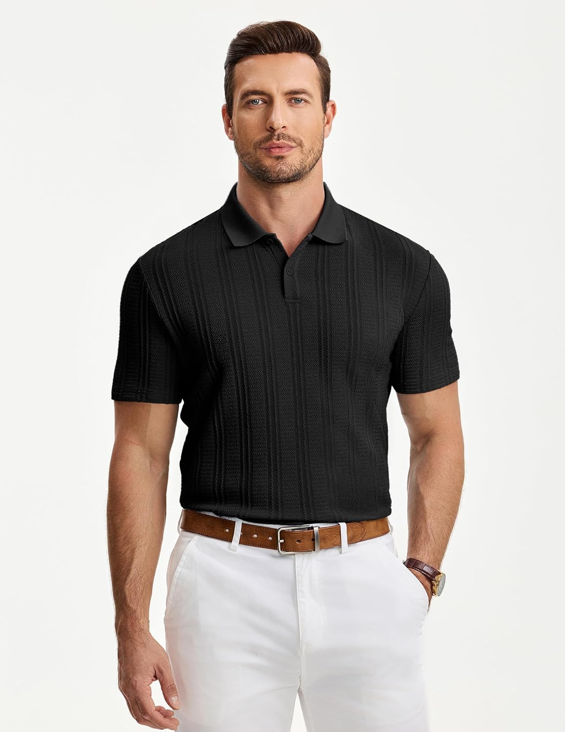 JMIERR Mens Polo Shirt Textured Short Sleeve Summer Button Collar Knitted Golf Polos - Image 2