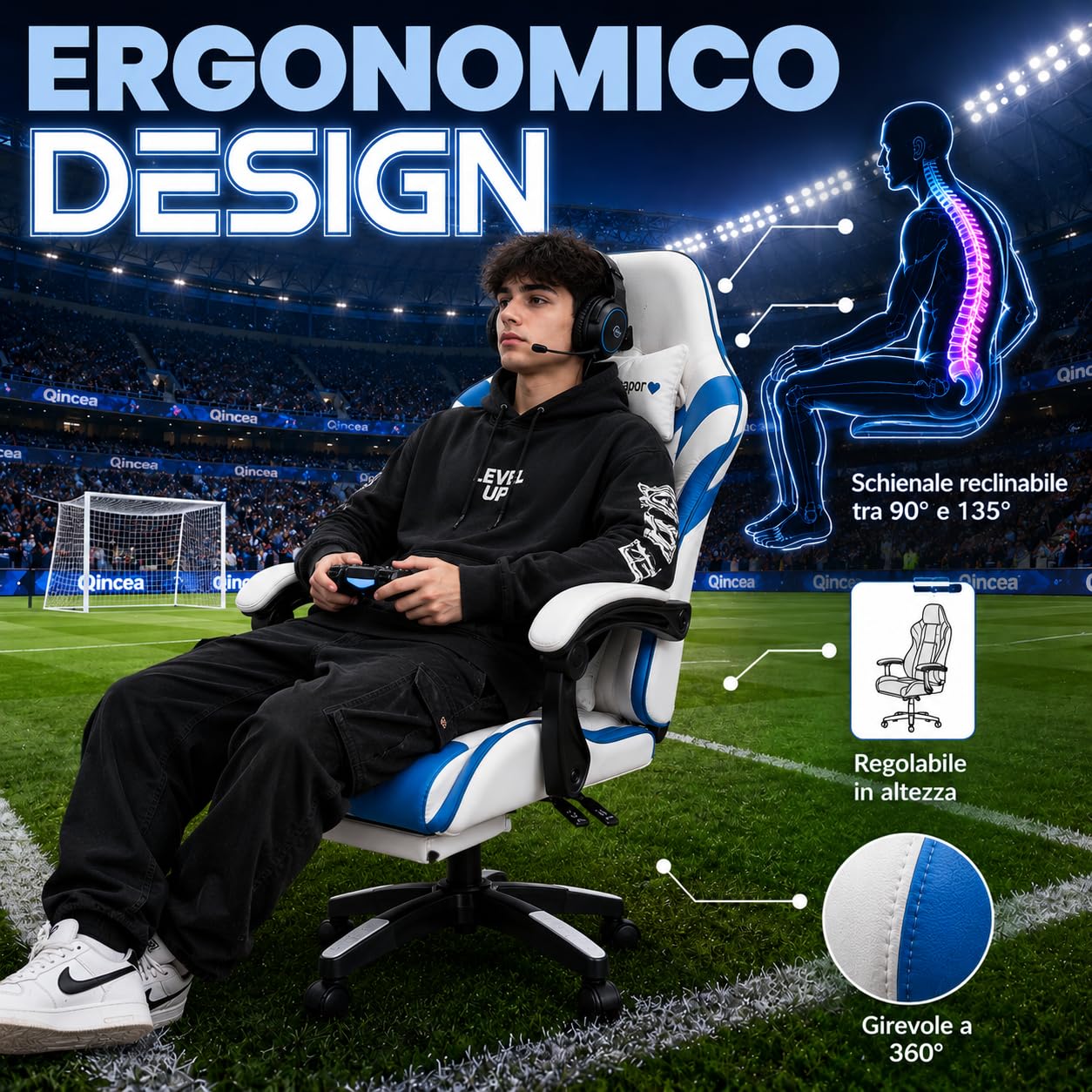 Sedia Gaming Ergonomica I Love Napoli Reclinabile con Cuscini Schienale 90°-135°, altezza regolabile, rotazione 360°, supporto lombare, poggiapiedi, cuscino collo, ruote, gaming e ufficio