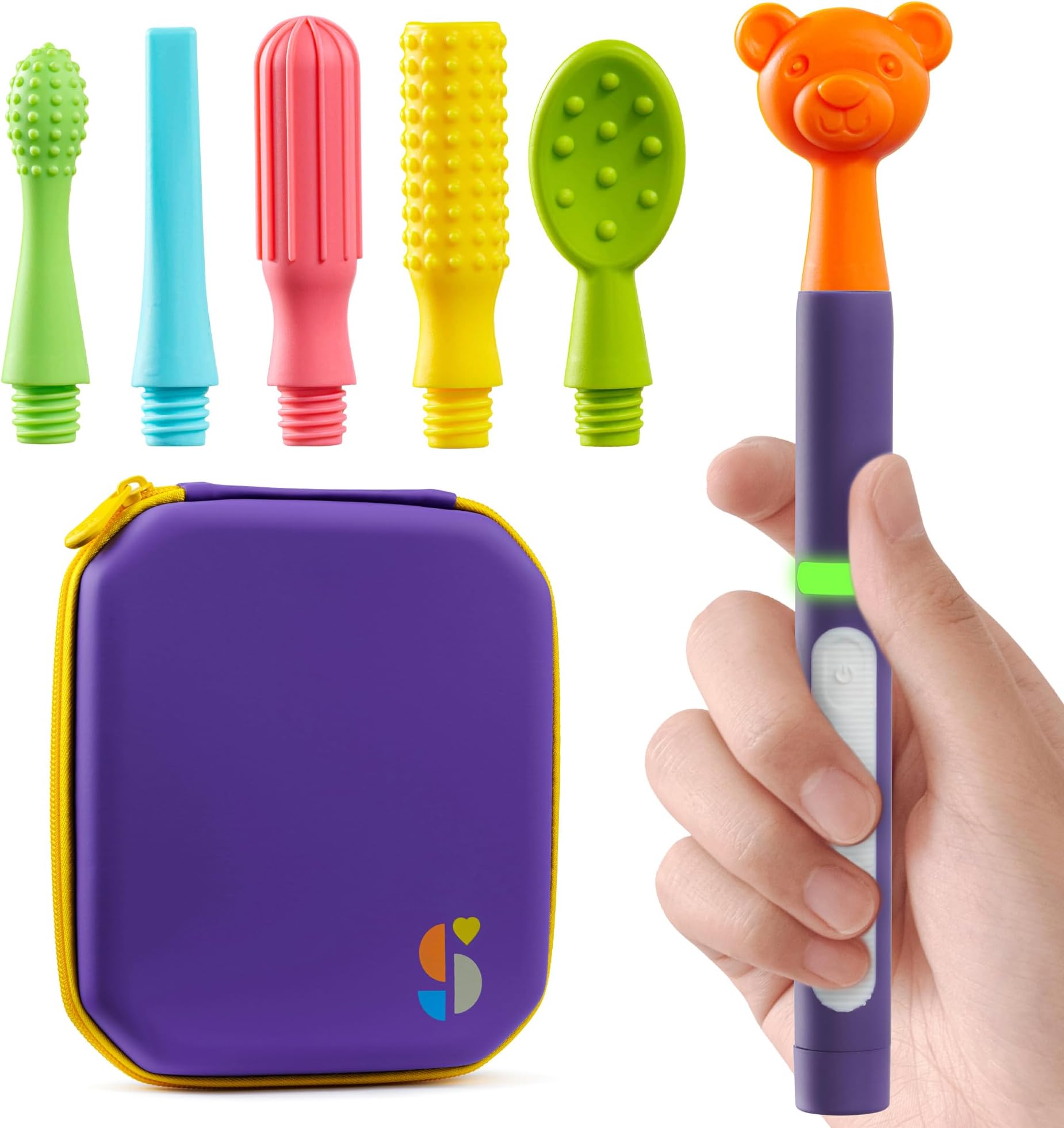 Special Supplies Buzz Buddy Oral Stimulation kit with 6 Soft Textured Interchangeable Heads, Calm Sensory Needs, Support Speech, and Stimulate Self Feeding, Gentle Vibrations