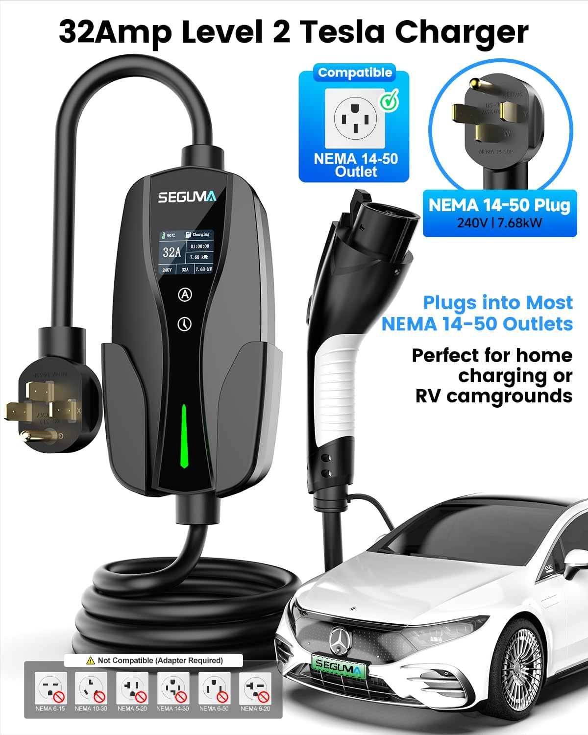 SEGUMA EV Charger with NEMA 14-50 plug and J1772 connector