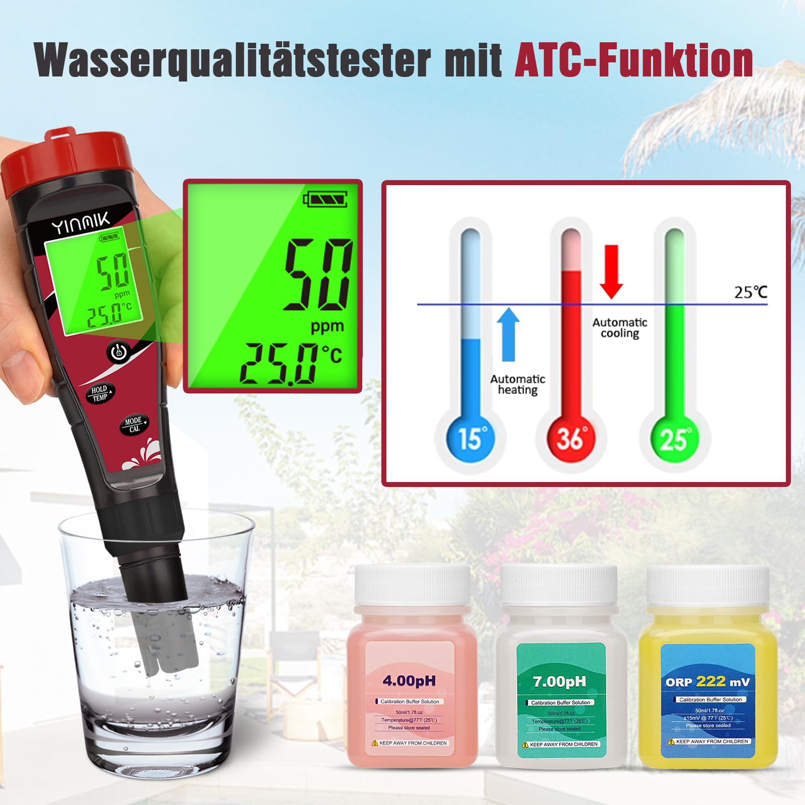 YINMIK pH und Chlor Messgerät 7 in 1 für Salzwasserpool, Aquarium, Hydroponik, Trinkwasser