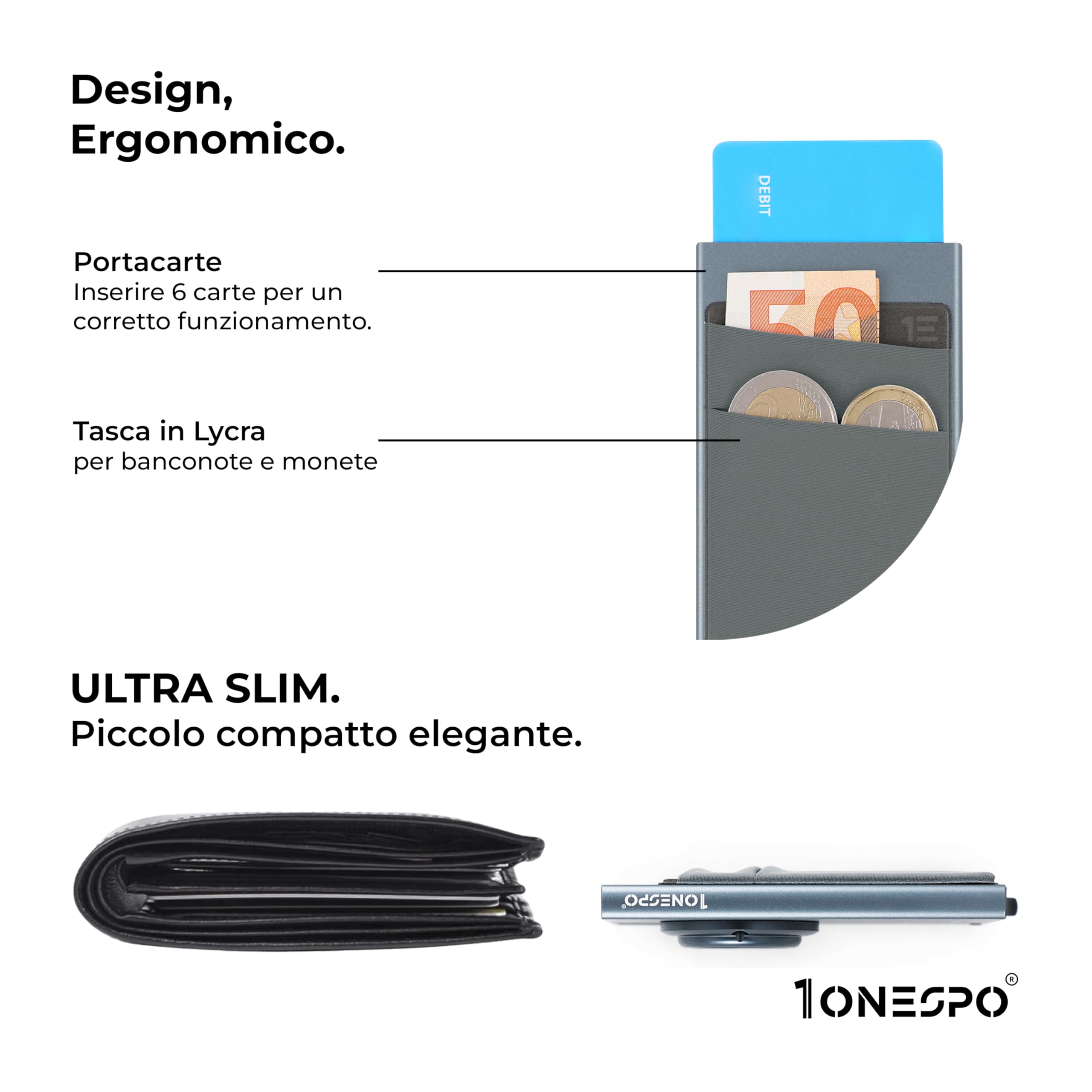 1onespo ULTRASLIM Porta carte di credito uomo - Portafoglio Airtag- Porta tessere e documenti - Portacarte protezione RFID, Grigio