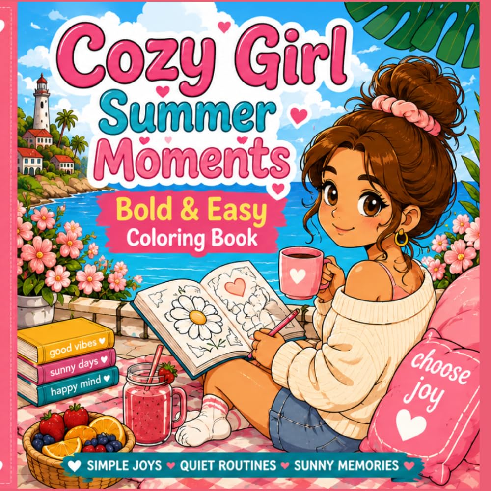 Cozy Girl Summer Moments Coloring Book: Bold & Easy Coloring Book for Adults and Teens Featuring Cute Cozy Summer Scenes, Travel Vibes, Self-Care Moments and Relaxing Designs