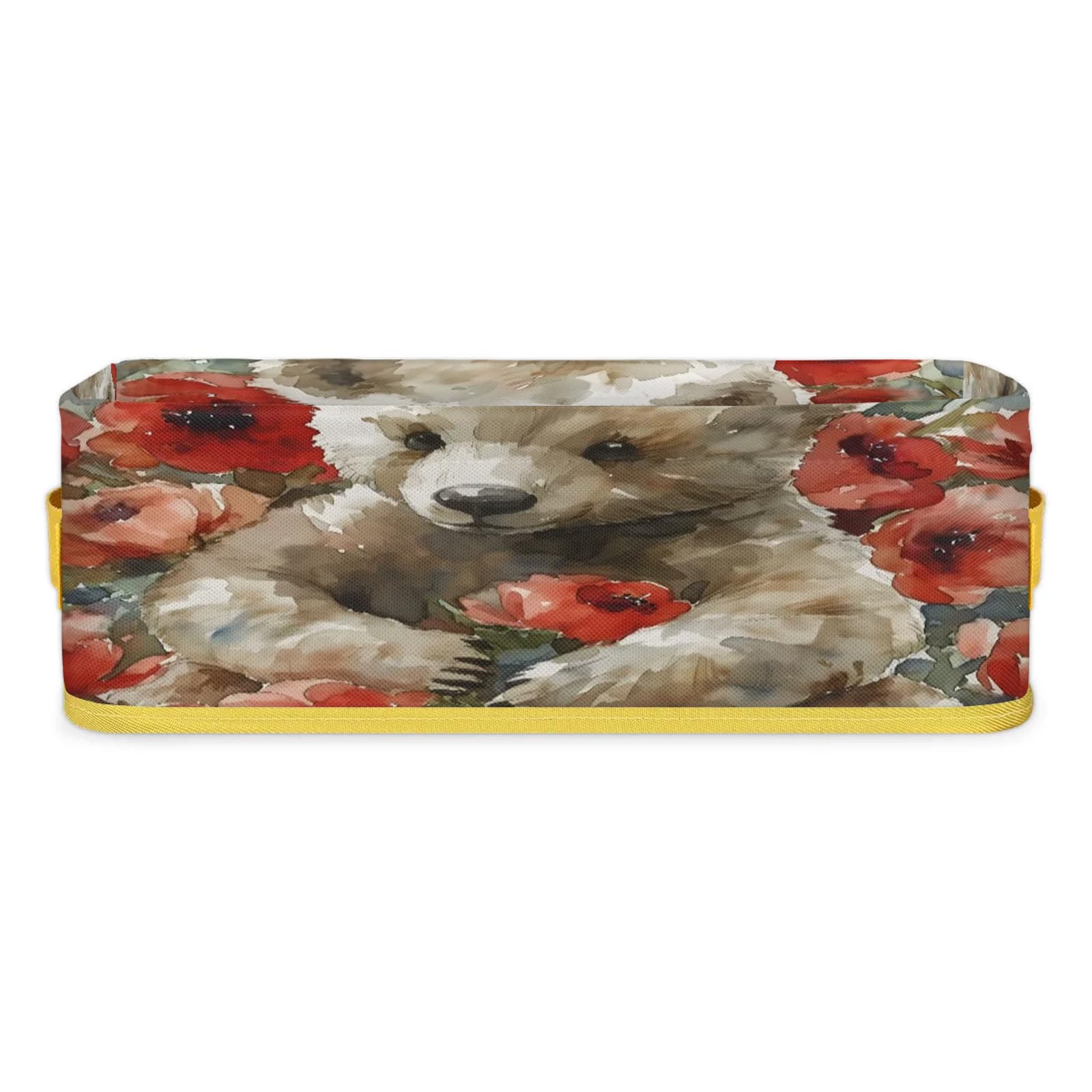 Red Rose Bear Bathroom Storage Basket Waterproof Foldable Storage Bins with Handles Decorative Toilet Paper Storage Basket for Organizing for House Bathroom Toiletries Set of 2