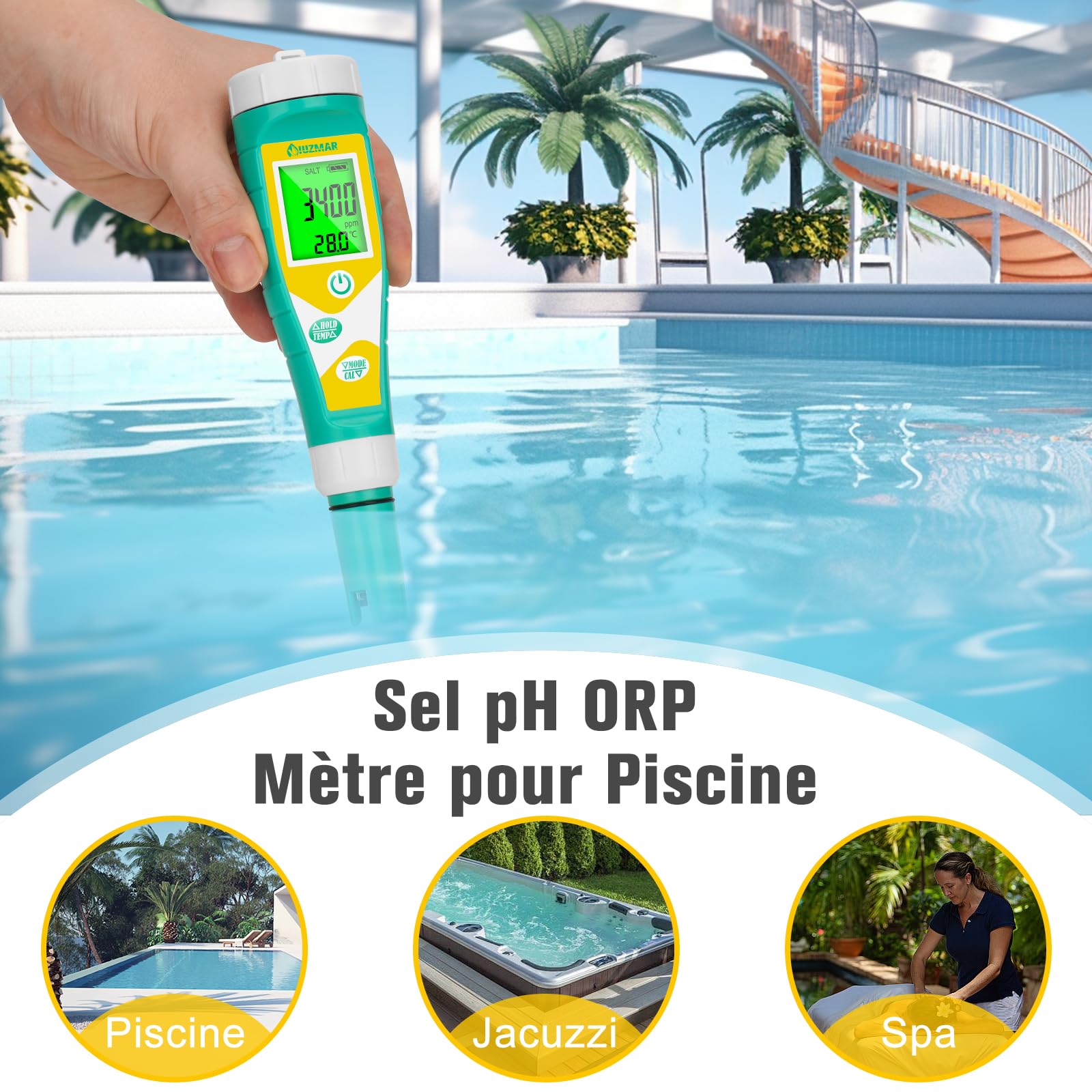 UIUZMAR Testeur de Sel pH Mètre pH ORP Mètre Précis et Constant | 6 en 1 pH, Salinité, ORP, TDS, EC, Temp Testeur de PPM et EC pour L'hydroponie, les Aquariums, les Piscines