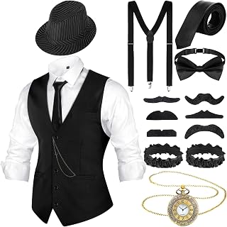 Blulu 1920er Jahre Herren Accessoires mit Weste Fedora Hut Taschenuhr Hosenträger Krawatte (Schwarz, Schwarz Streifen, L)