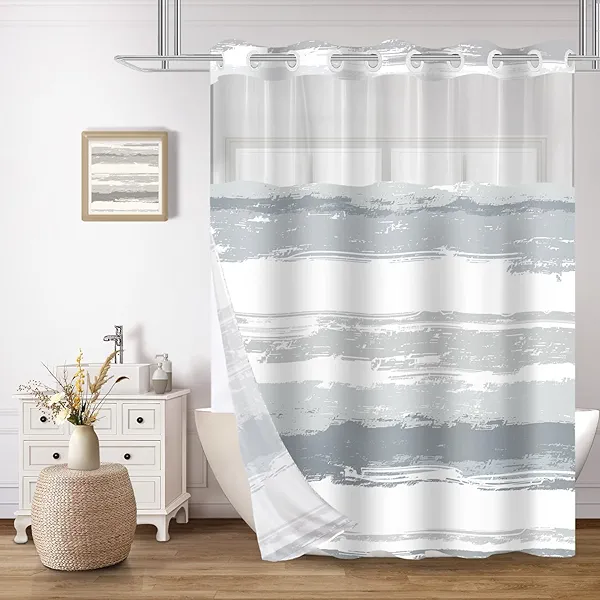 CTOTSYC No Hook Shower Curtain with Snap in Liner Set, Grey and White Striped Aesthetic Minimalist Abstract Design, Waterproof Washable Fabric Curtain with See Through Mesh Top Window 71x74 Inch