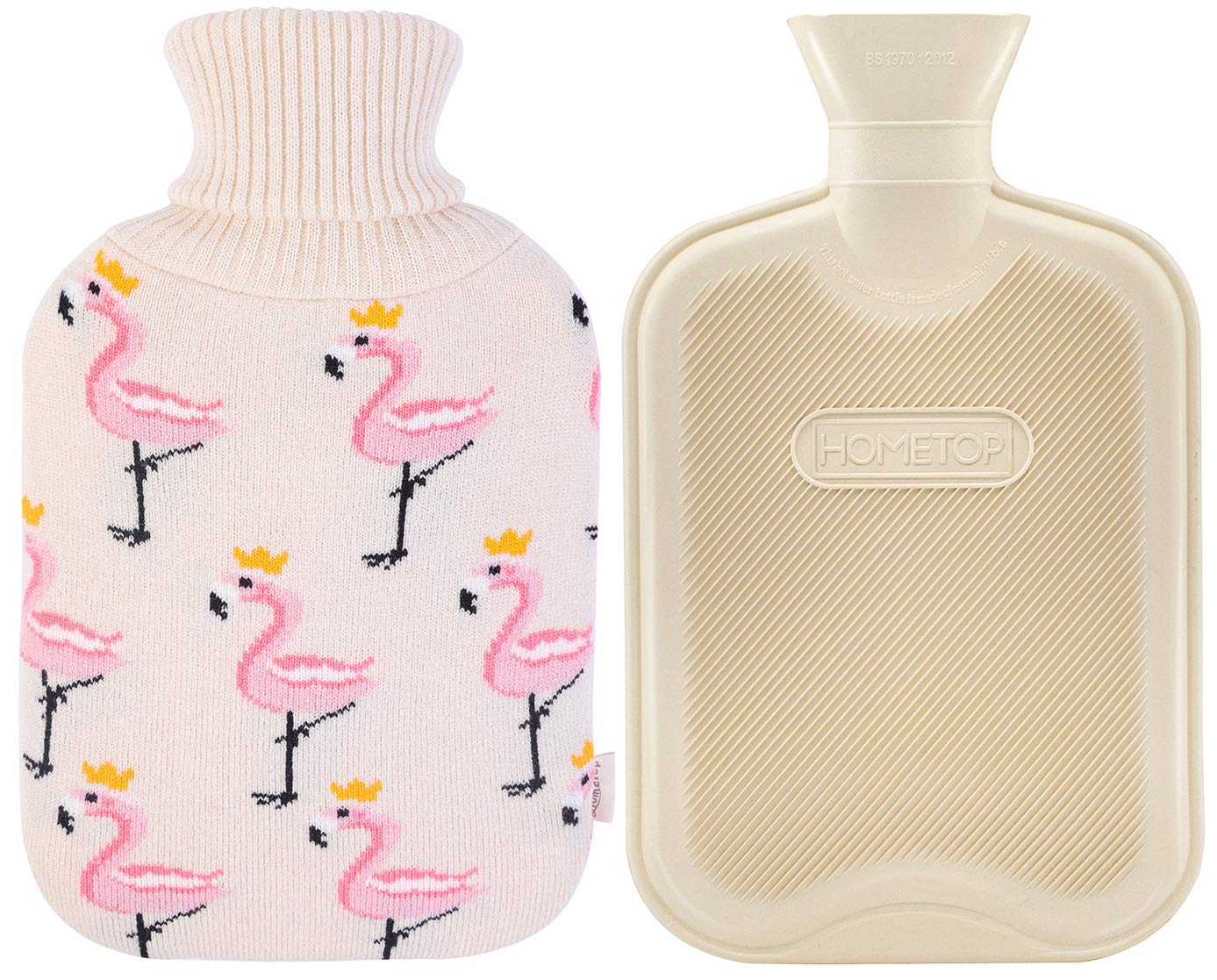 Photo 1 of HomeTop Premium 2 Liter Classic Rubber Hot Water Bottle w/Chic Flamingo Knit Cover (2L, Cream White) 1 Count (Pack of 1) Cream White