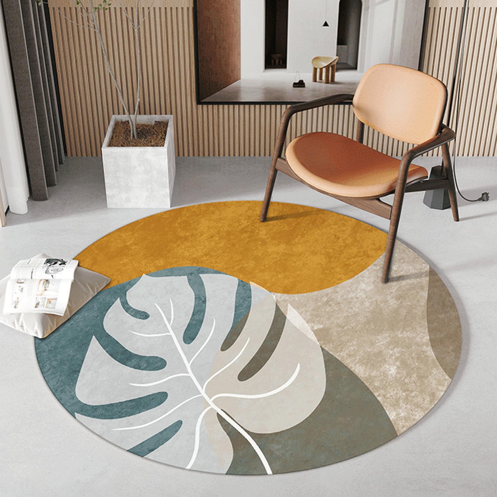 Tapis rond 90 cm lavable et antidérapant aux motifs de feuilles vertes