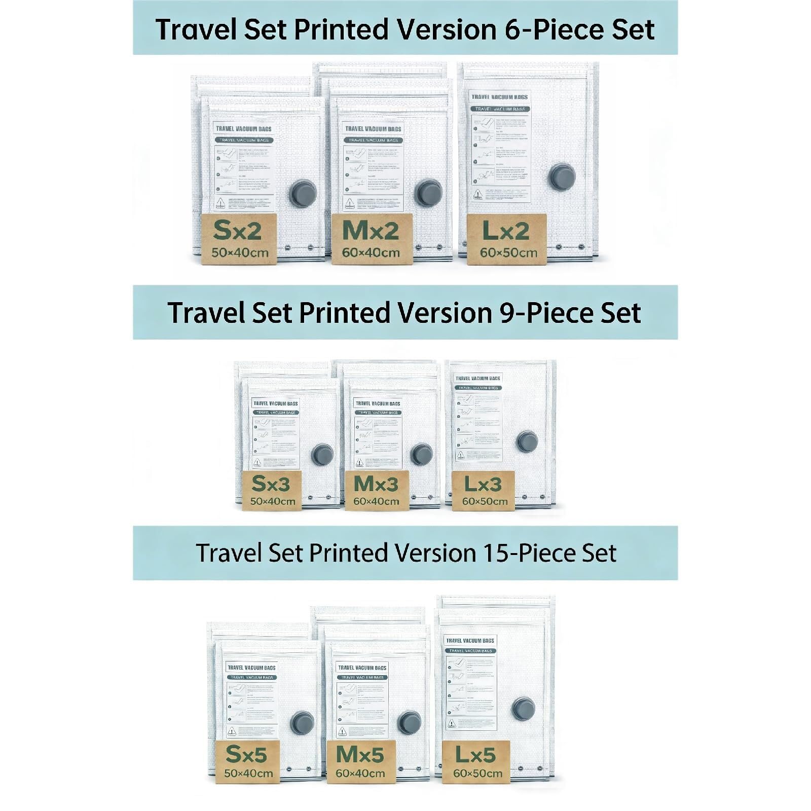 Set di sacchetti compressione for conservazione sottovuoto da viaggio senza fili con pompa ricaricabile, organizer for cubetti, salvaspazio for vestiti e abbigliamento(6pcs)
