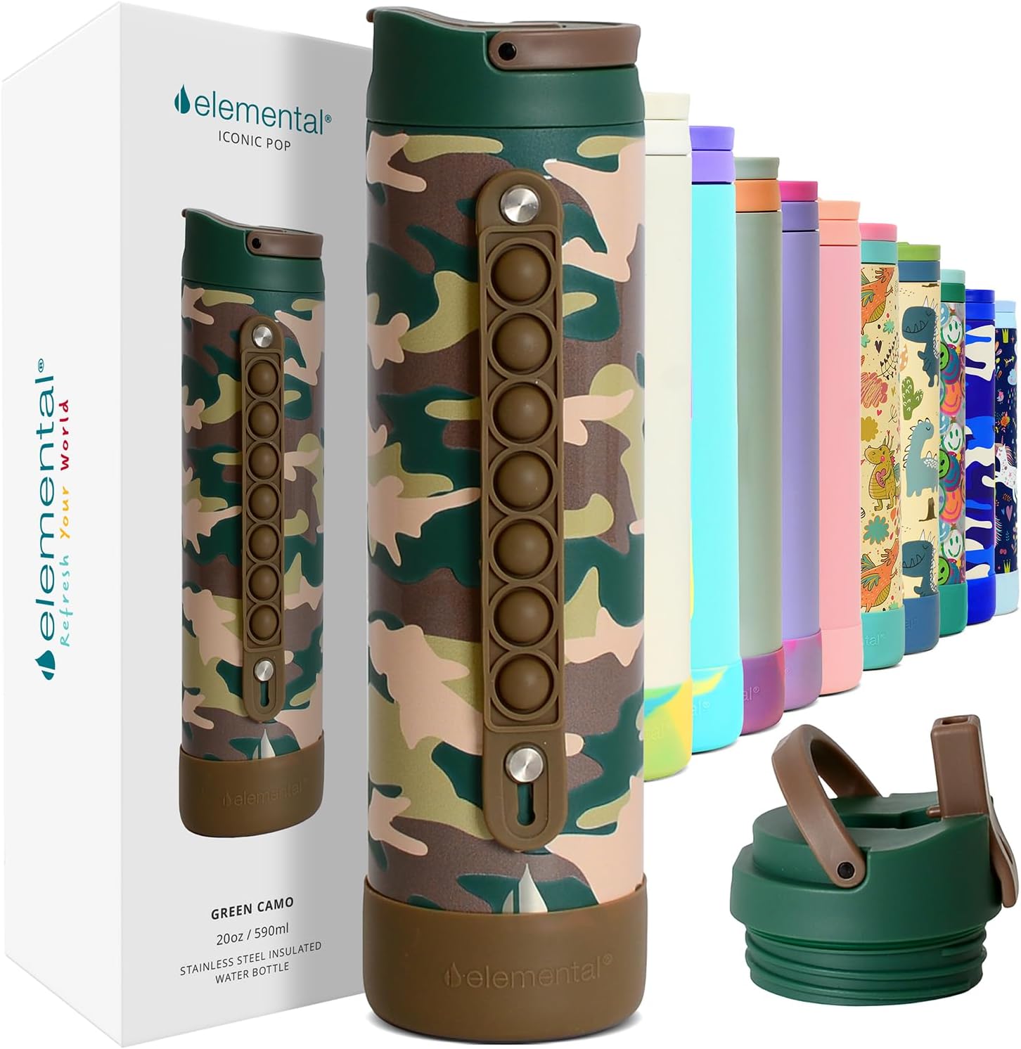 Elemental Iconic Kids Water Bottle for School – 100% Leak-Proof Insulated Water Bottles with Straw Lid & Pop-It Handle for Boys & Girls – Triple-Wall Insulated & BPA-Free, 20oz – Green Camo