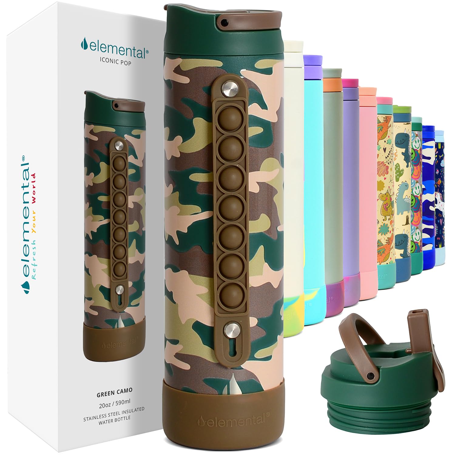 Elemental Iconic Kids Water Bottle for School - 100% Leak-Proof Insulated Water Bottles with Straw Lid & Pop-It Handle for Boys & Girls - Triple-Wall