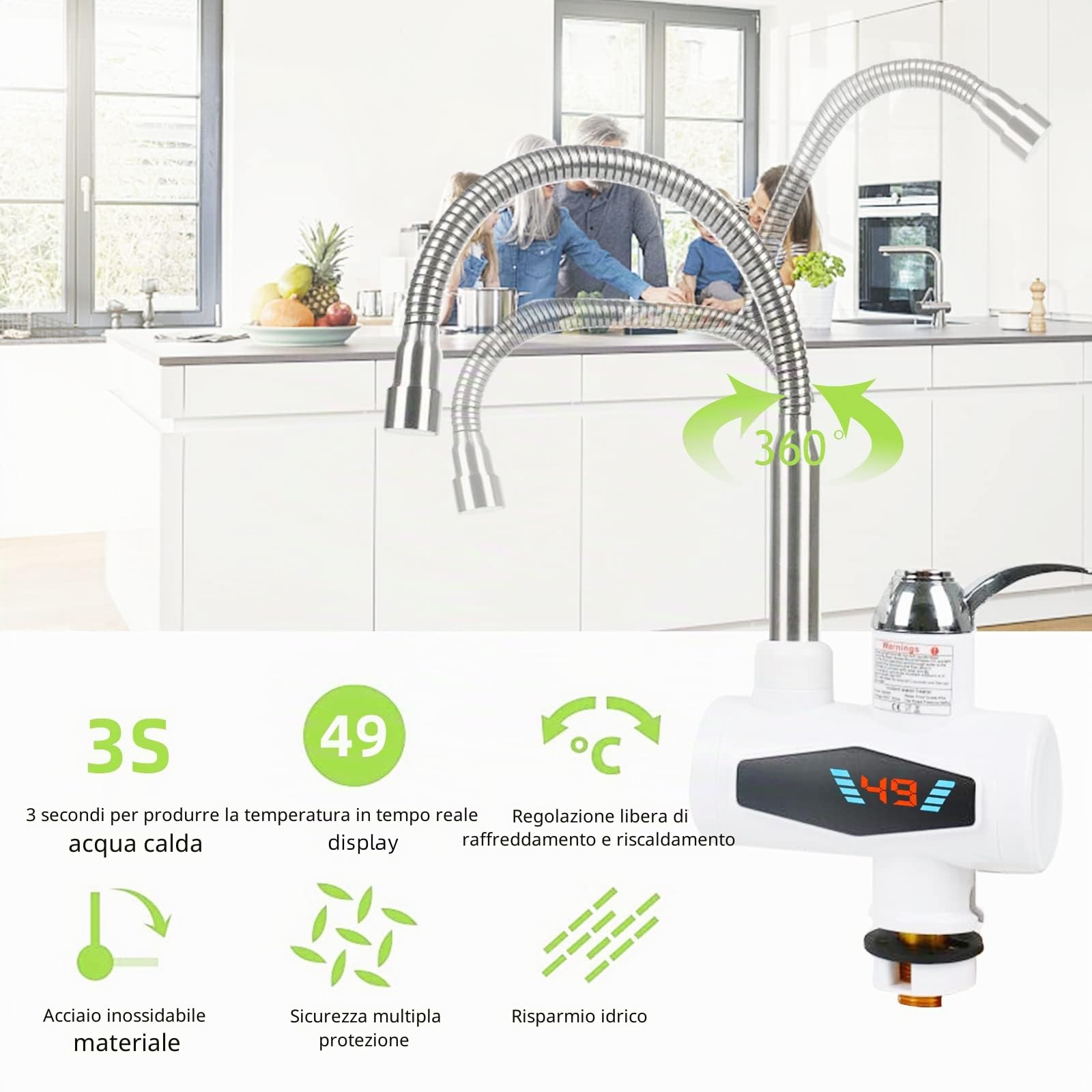 Scaldacqua elettrica rubinetto 220 V, scaldabagno elettrico rapido con display digitale a LED 3000 W per cucina, bagno (ingresso dell'acqua inferiore)