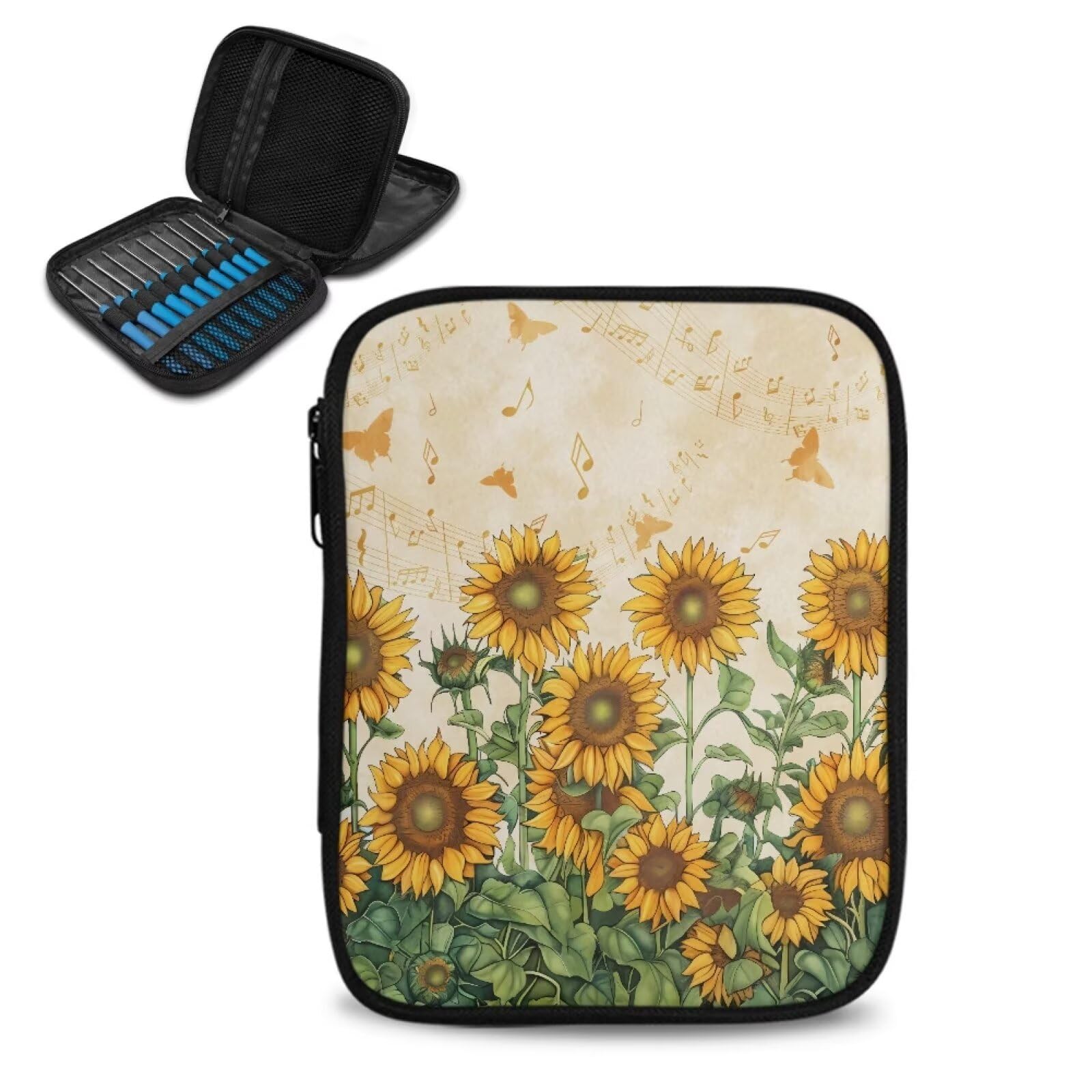 Sunflower Crochet Hook Case Portable Knitting Needle Storage with Web Pockets Crochet Storage Organizer for Swing Hooks, Lighted Hooks, Needles and Accessories