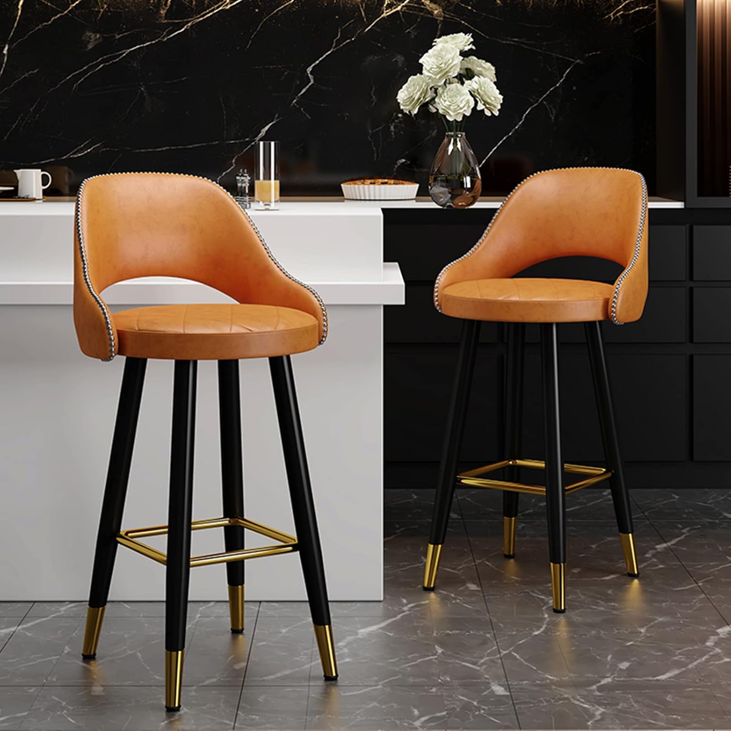 LAJUU Stools,Bar Stool Swivel High Chair, Leather Curved Back, Home Kitchen Dining Counter Reception Stool with Metal Footrest and Brass Feet/Orange/65 cm