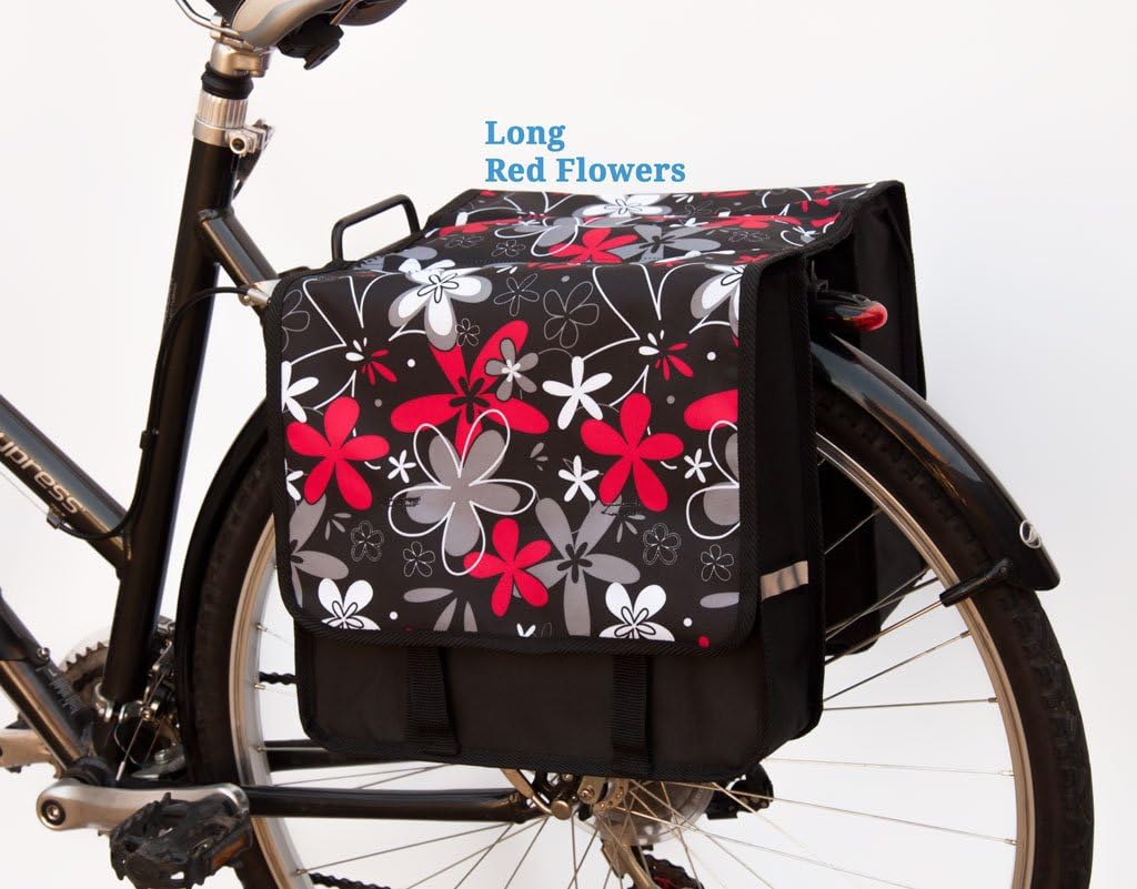 BikyBag Classic L - Bicycle Double Panniers Bag Fashion Cycle Bike Women's - Men's (Red Flowers)