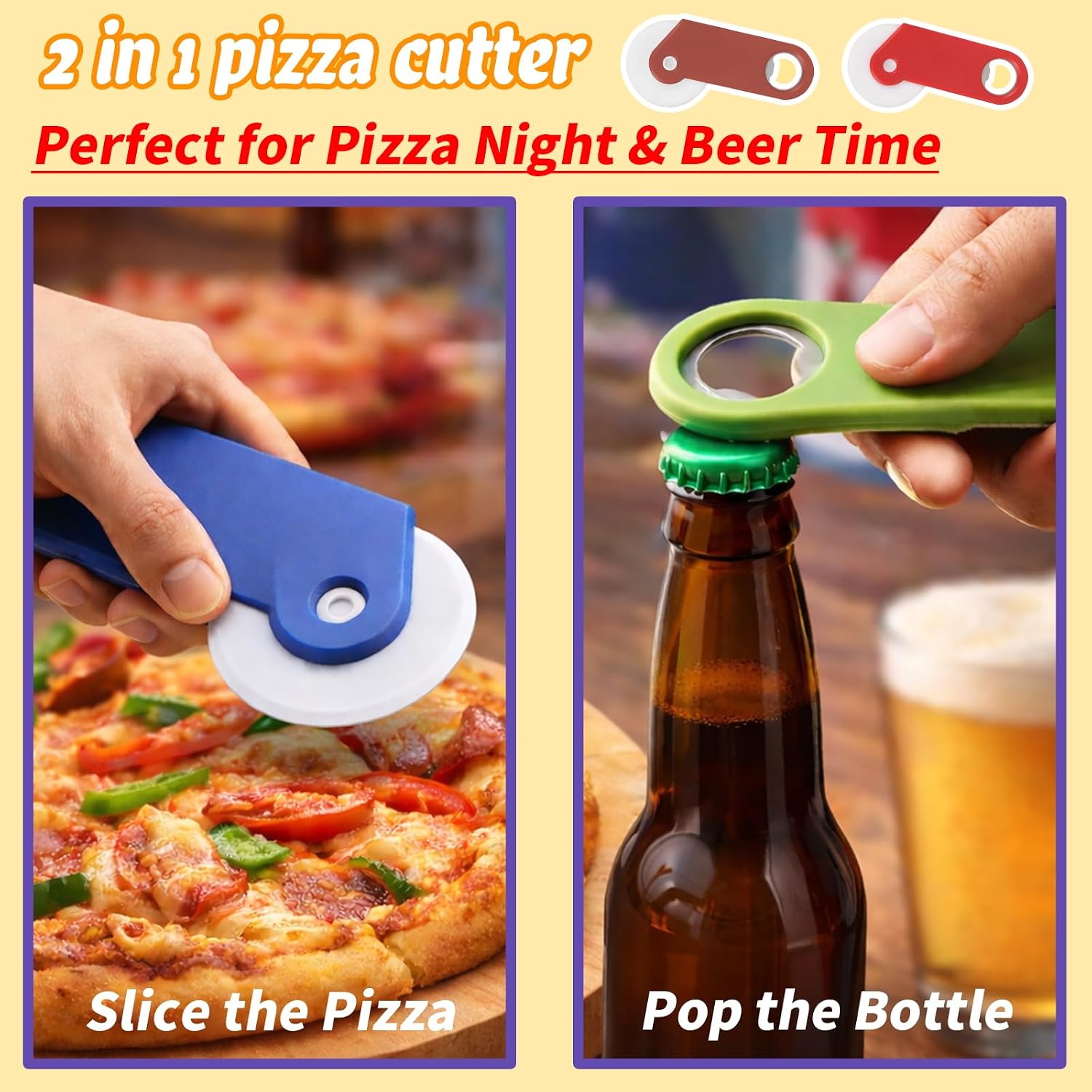 Custom Pizza Cutter with Bottle Opener - Premium Stainless Steel Cutter, Perfect for Pizza, Kitchen, and Wine (100)