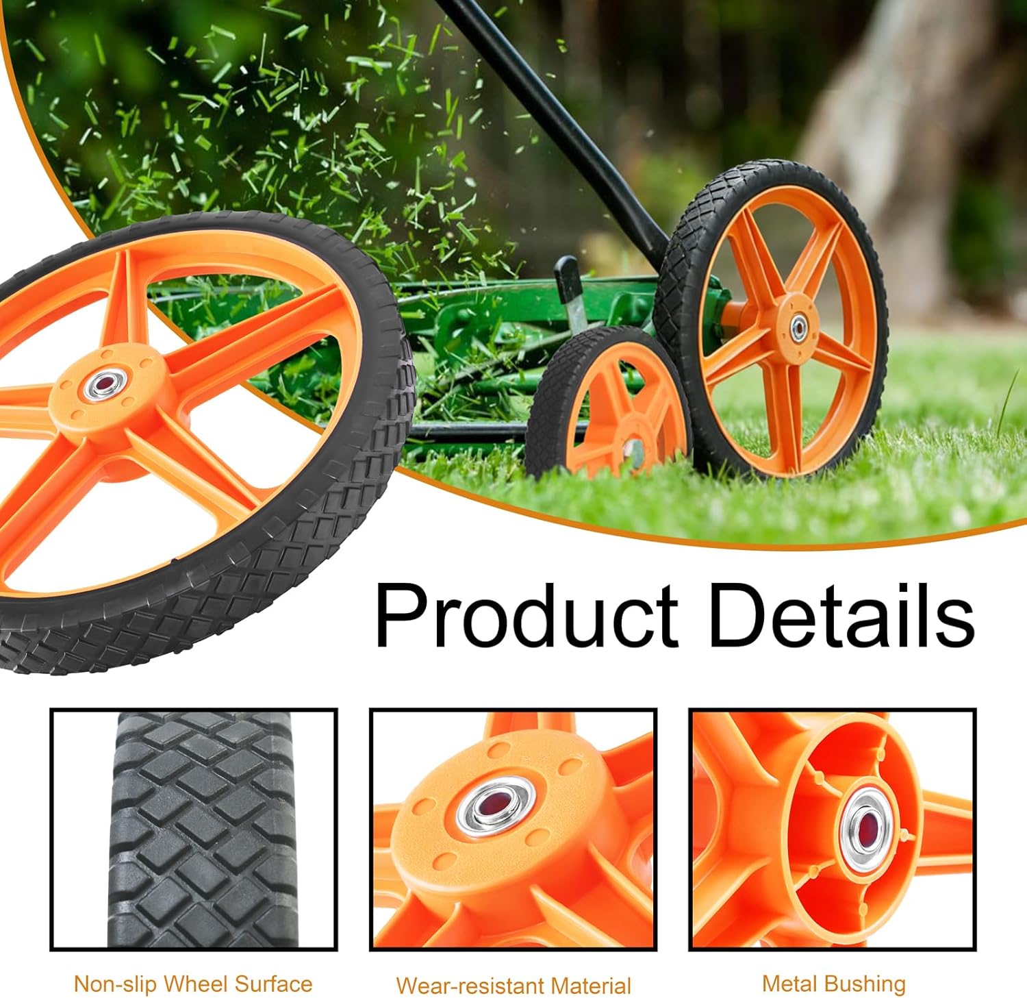 16" Lawn Mower Wheels, 16 x 1.75 Inch Spoked Plastic Wheels, 1/2" Bore, Heavy Duty Replacement Wheels for Push Lawn Mowers, Garden Carts, Yard Equipment And More (2 Pack)