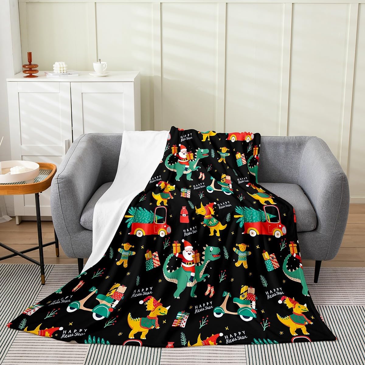 Feelyou Christmas Dinosaur Plush Throw Blanket, Throw 50"x60" Kids Xmas Dino Flannel Fleece Blanket for Sofa Couch Teens Merry Christmas Cars Tree All Season,Bed Blanket Holiday Room Decor