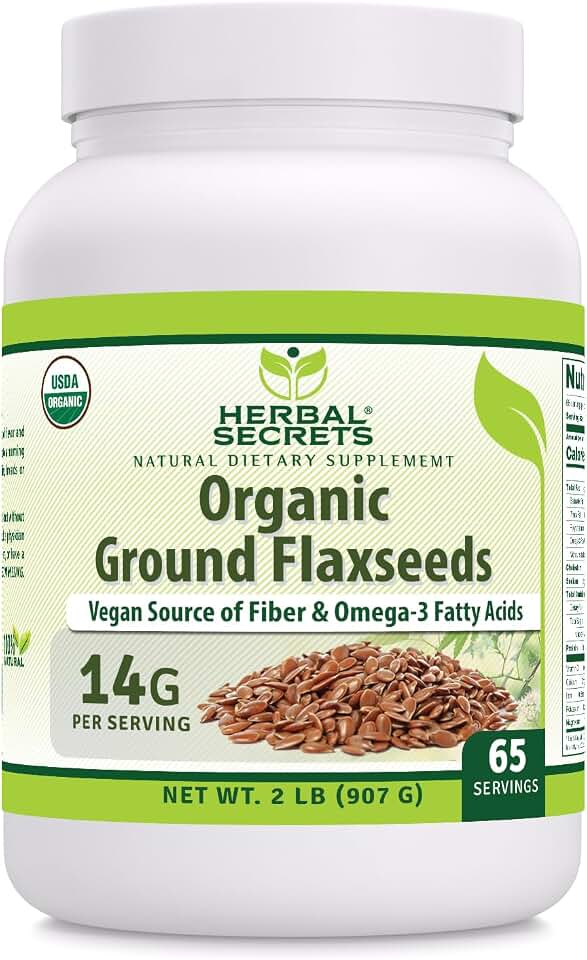Herbal Secrets USDA Organic Ground Flaxseeds 2 Lbs Powder | 14 Grams Per Serving | 65 Servings | Excellent Vegan Source of Fiber & Omega -3 Fatty Acids | Non-GMO (2 Lb | 1 Pack) USDA Organic
