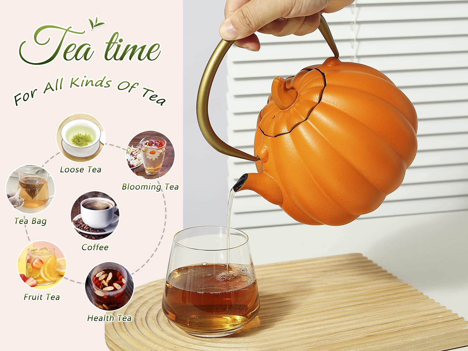 VICSKY Tetera de hierro fundido de calabaza naranja, color calabaza natural, hervidor de té japonés de hierro fundido seguro para estufa con infusor, tetera creativa de calabaza de Halloween (40