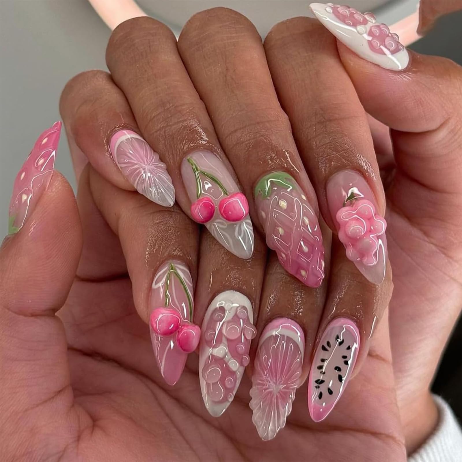 GlamRays 24 Pieces Spring Press on Nails Short Almond Pink Purple Nail Tips Acrylic Nail Set Strawberry Cherry Orange Nail Art False Nails Press ons French Tip